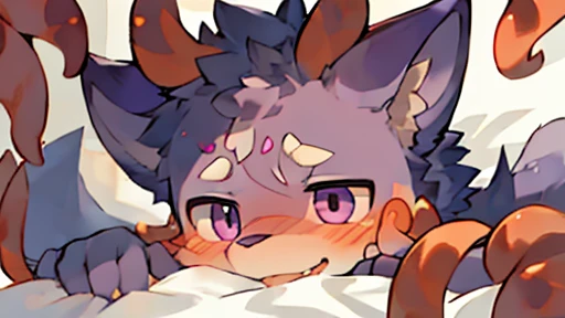 hairy，not，alone，hairy的男性，hairy的，Wolf，canine，Purple fur，purple eyes，Completely naked，stick out your tongue，Shy，There is a blush on the face，The top of the head is purple，Purple ears，The eyes are full of longing，Slobber，dark purple tail，lying on bed，Enchanting，whole body，4K，high quality，erect penis，whole body颤抖着，belly up！！！！，Orange octopus tentacles surrounding it