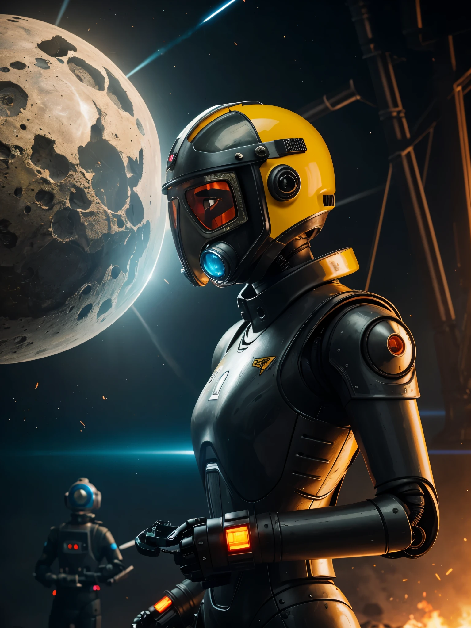 A Robot Girl with helmet gas mask, the Rocketeer style, tongs in hands, Tv head, pinhead, Black and Yellow Pink Cyan Rusty, Ambient in a meteorite crater super detailed, center, beautiful, soft lighting, focused on the character, 4K resolution, photorealistic rendering.