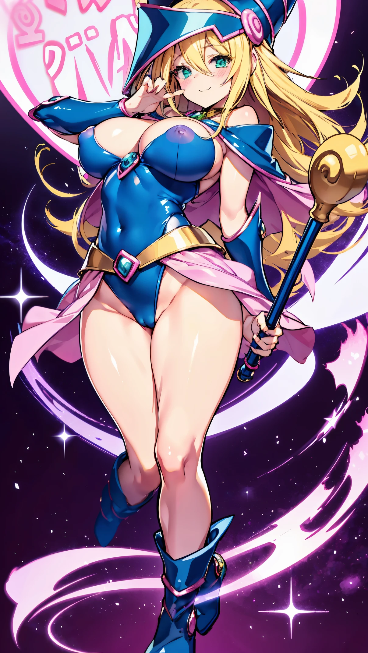 Black Magician Girl、super breasts、thick thighs、blonde hair、magic circle、8K, 4k, highest quality, High resolution: 1.2),winking、Nipples exposed、cute anime face、Pink blush on cheeks、noise removal、Leotard that bites into、have a cane、Hold your cane、Rear view、Turning around、full body portrait、T-back that digs into your butt、Glowing green eyes、Laughter