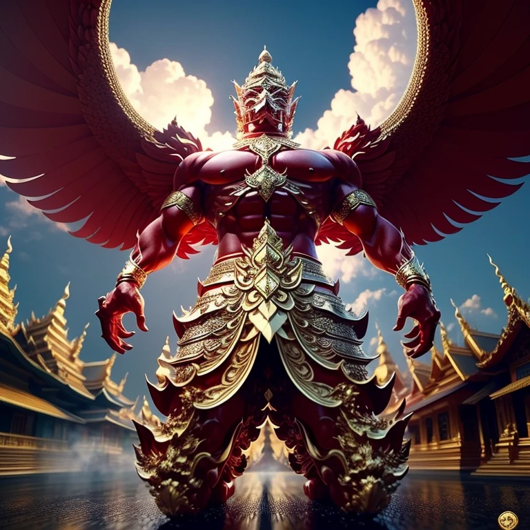 (Garuda 1) Red eyes, muscular body. Best anatomy: Red-skinned Garuda. Red-haired Garuda. Large, outstretched, red-winged Garuda. perfect wingspan Wear jewelry made from gold with Thai patterns. Gold jewelry decorated with diamonds on Garuda's head Wearing Thai cloth pants, Thai silk, red Thai pattern. Hands on hands and legs look like perfect birds. Hands, legs, feet are perfect. Stand on the ground, look straight, stand fully. The skin is the most detailed. The skin is red. The fur is the most detailed red. Red eyes, best detail The best anatomical details, details, cloth, accessories, Thai warrior armor. Best Metal Details Best Weapons Best Weapon Details (Special details Masterpiece quality Realistic Photos(Ultimate Realistic Photos 8k,16k,32k) Maximum realism and best lighting details. Best light quality, best shadows World class photography studio (Best close-up view)(The backdrop of the Thai temple castle is extinguished with gold, silver, emeralds, diamonds, perfect. The background is the sky, clouds, and fog. It feels natural and realistic.)