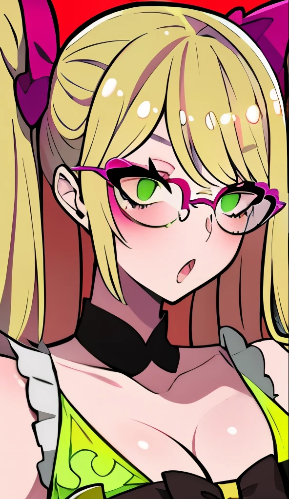 Blonde hair, green eyes, glasses, pink bow, bimbo、big juicy lips, cosmic eyes, masterpiece, bright eyes, glasses, hour glass, big boobs, bikini,