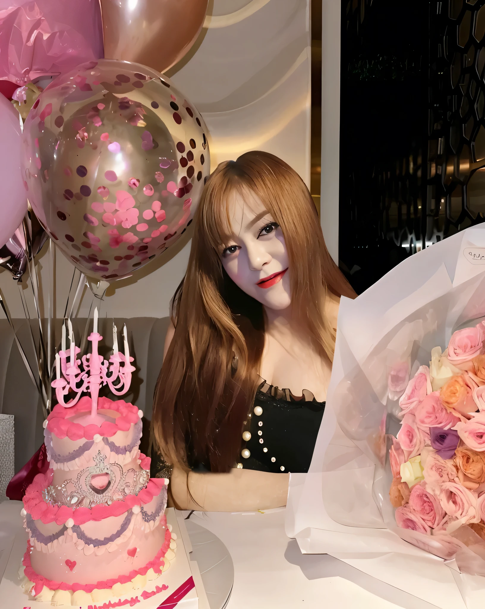 there is a woman sitting at a table with a cake and balloons, happy birthday, jossi of blackpink, belle delphine, lalisa manoban of blackpink, portrait of jossi of blackpink, leaked image, tumblr, jisoo from blackpink, exclusive, with pink hair, lalisa manobal, celebrating a birthday, roseanne park of blackpink, ulzzang