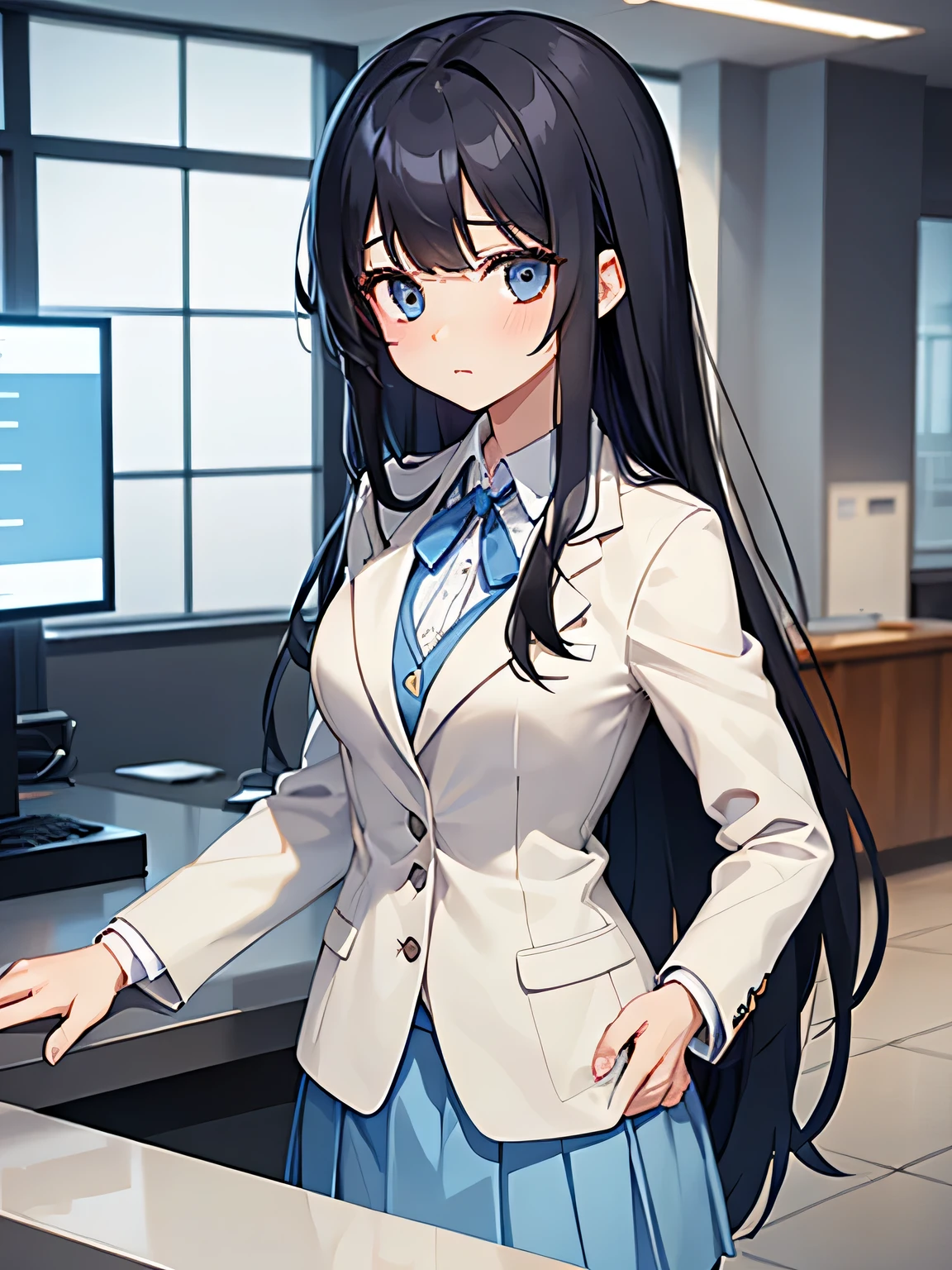 (1) A woman is waiting at the company&#39;s reception counter..
(2) The woman is wearing a light blue blazer and a light blue skirt. she wears a ribbon around her neck. (Blazer buttons must be closed.)
(3) she has long black hair.
(4) her expression is cold and cold.
(5) The location is the company&#39;s reception counter..