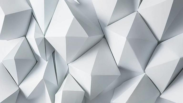 A minimal white wallpaper with jewel-like multifaceted geometric volumes intermingled, A minimal white wallpaper on which there are several large, interwoven, jewel-like polyhedral geometric volumes, A minimal white background, some broken and sharp and irregular forms similar to large polyhedral volumes with different dimensions, with white cement material