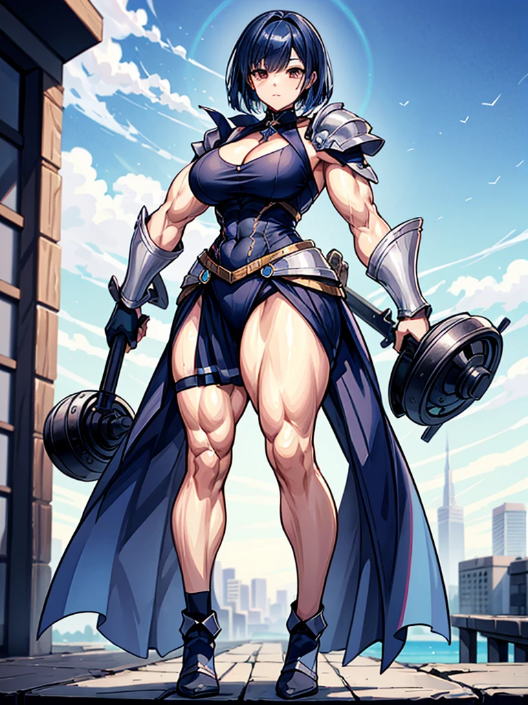 （（（masterpiece、Highest image quality、highest quality、highly detailed unity 8ｋwallpaper）））、（（Illustration of one girl））、（（（beautiful girl）））、blue hair、stocky build, thickset physique：1.3, muscular legs, broad shoulders, solid chest、（adventurer）、white armor、Medieval city