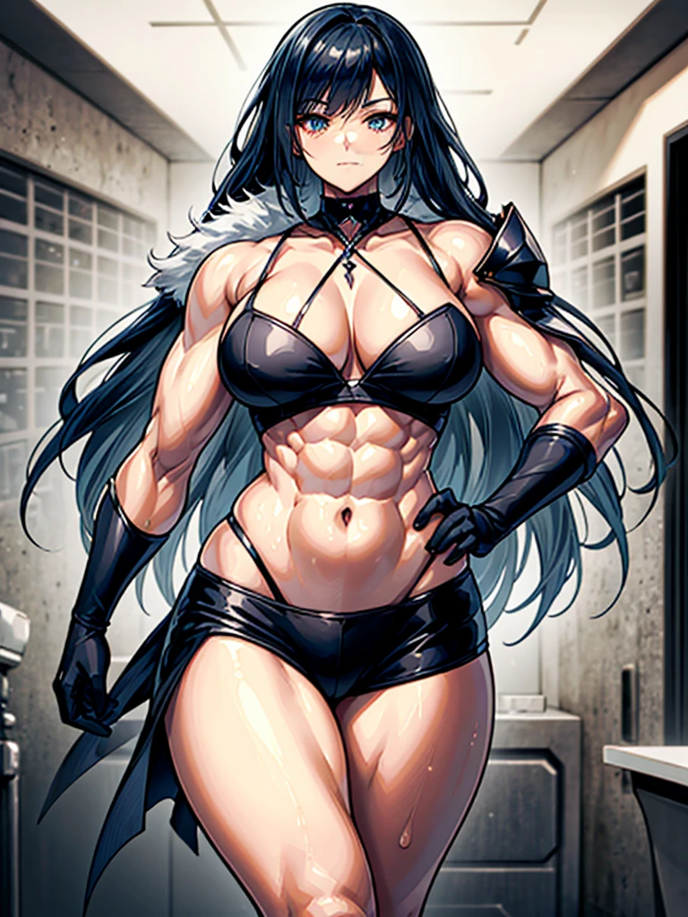 （（（masterpiece、Highest image quality、highest quality、highly detailed unity 8ｋwallpaper）））、（（Illustration of one girl））、（（（beautiful girl）））、blue hair、stocky build, thickset physique：1.3, muscular legs, broad shoulders, solid chest、（adventurer）、white armor、Medieval city