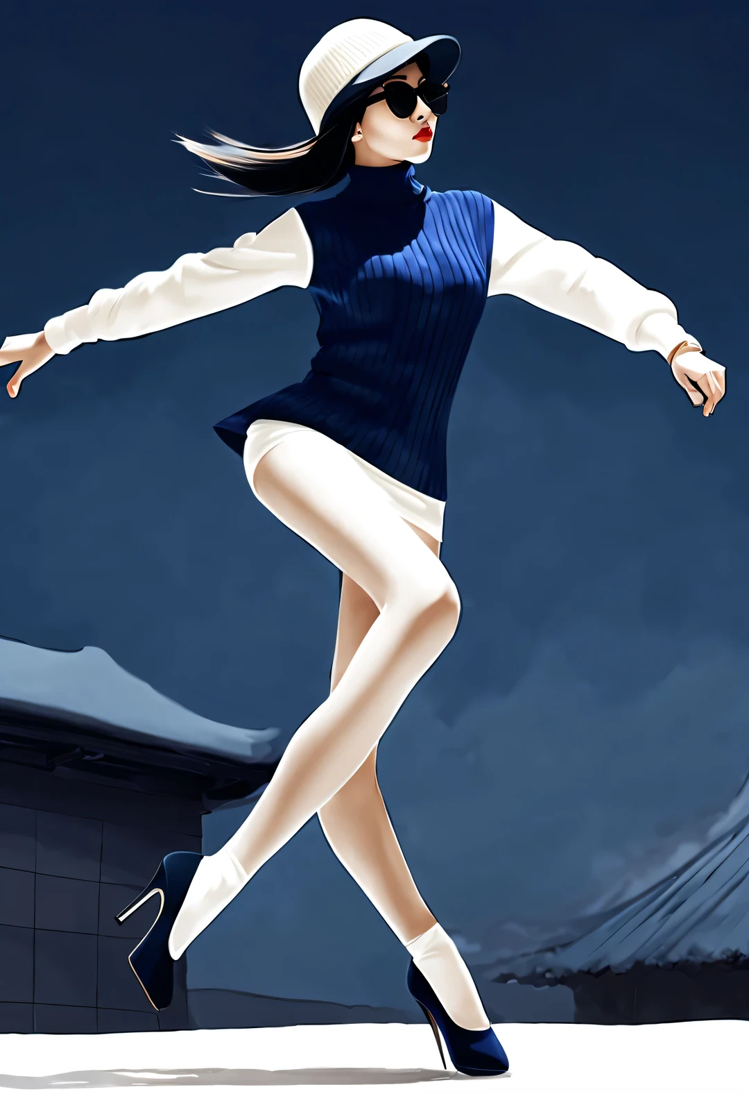 (Modern art dance simple poster design), (Half-length close-up), (Beautiful Chinese girl dancing in the air), (Wearing sunglasses and a hat: 1.2), Mainly cool colors,Presenting the beauty of simplicity and modernity, (An elegant dark blue coat paired with a bright white turtleneck,Exudes a fresh and cold winter atmosphere。), briefcase fluttering, Showing a classic and fashionable atmosphere. Wear modern and stylish winter fashion, Girl fair and flawless smooth skin, high nose bridge, Head up posture, sad yet beautiful, slender figure, Exquisite facial features,
swirling fog illustration, ink painting, black hair, a ball head, Proud, Surrealism, contemporary art photography, action painting illustration, abstract expressionism, Pixar, depth of field, motion blur, backlight, Fall out, decline, Elevation viewing angle, Sony FE General Manager, ultra high definition, masterpiece, Accuracy, textured skin, Super details, high detail, high quality, Award-winning, best quality, Level, 16k, Shot from a bottom-up perspective,