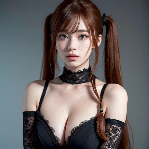 A highly detailed professional ultra-realistic 8k CG masterpiece of an elegant woman. She has asymetrical bangs, shining skin. She wears perfect makeup, red eyliner and black eye shadows. She has ((straight long ginger hair in loose twintails)) and cyan eyes. She wears a black turtle neck mini dress, cleavage and showing shoulders. She has thigh highs and high heels. Her pretty face has a lot of ((freckles)).