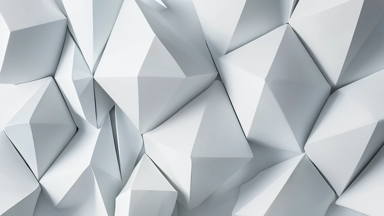 A minimal white wallpaper with jewel-like multifaceted geometric volumes intermingled, A minimal white wallpaper on which there are several large, interwoven, jewel-like polyhedral geometric volumes, A minimal white background, some broken and sharp and irregular forms similar to large polyhedral volumes with different dimensions, with white cement material