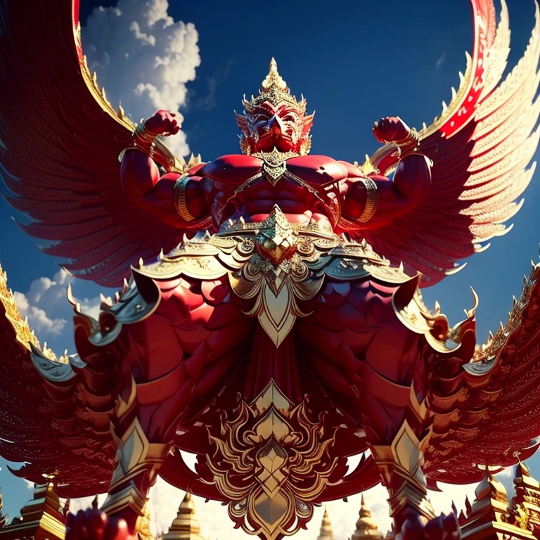 (Garuda 1) Red eyes, muscular body. Best anatomy: Red-skinned Garuda. Red-haired Garuda. Large, outstretched, red-winged Garuda. perfect wingspan Wear jewelry made from gold with Thai patterns. Gold jewelry decorated with diamonds on Garuda's head Wearing Thai cloth pants, Thai silk, red Thai pattern. Hands on hands and legs look like perfect birds. Hands, legs, feet are perfect. Stand on the ground, look straight, stand fully. The skin is the most detailed. The skin is red. The fur is the most detailed red. Red eyes, best detail The best anatomical details, details, cloth, accessories, Thai warrior armor. Best Metal Details Best Weapons Best Weapon Details (Special details Masterpiece quality Realistic Photos(Ultimate Realistic Photos 8k,16k,32k) Maximum realism and best lighting details. Best light quality, best shadows World class photography studio (Best close-up view)(The backdrop of the Thai temple castle is extinguished with gold, silver, emeralds, diamonds, perfect. The background is the sky, clouds, and fog. It feels natural and realistic.)