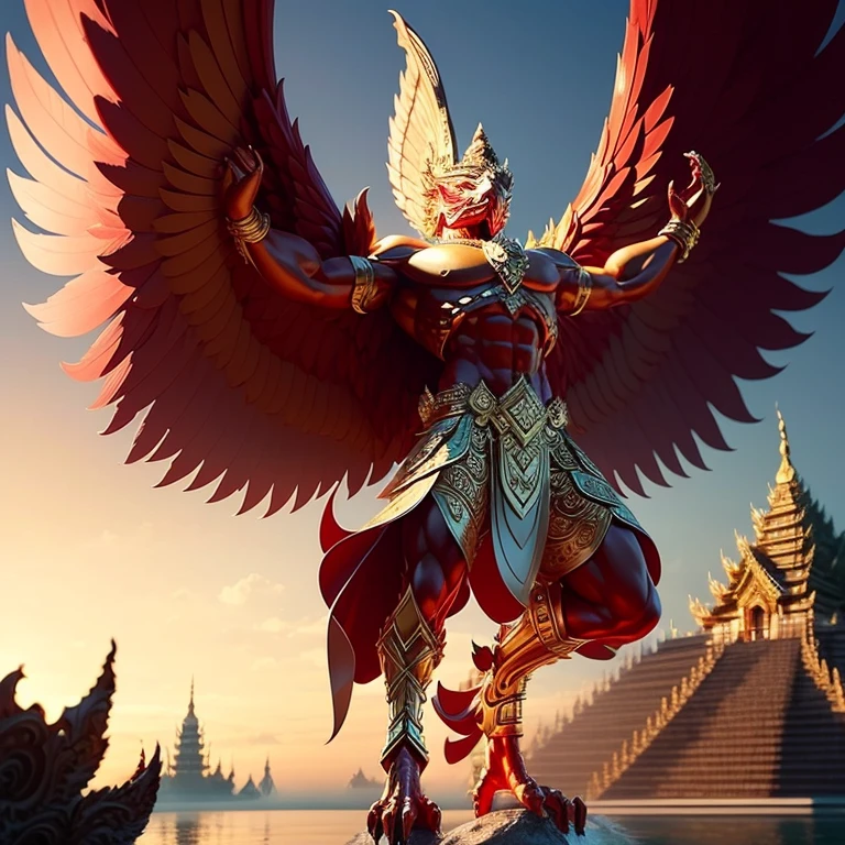 (Garuda 1) Red eyes, muscular body. Best anatomy: Red-skinned Garuda. Red-haired Garuda. Large, outstretched, red-winged Garuda. perfect wingspan Wear jewelry made from gold with Thai patterns. Gold jewelry decorated with diamonds on Garuda's head Wearing Thai cloth pants, Thai silk, red Thai pattern. Hands on hands and legs look like perfect birds. Hands, legs, feet are perfect. Stand on the ground, look straight, stand fully. The skin is the most detailed. The skin is red. The fur is the most detailed red. Red eyes, best detail The best anatomical details, details, cloth, accessories, Thai warrior armor. Best Metal Details Best Weapons Best Weapon Details (Special details Masterpiece quality Realistic Photos(Ultimate Realistic Photos 8k,16k,32k) Maximum realism and best lighting details. Best light quality, best shadows World class photography studio (Best close-up view)(The backdrop of the Thai temple castle is extinguished with gold, silver, emeralds, diamonds, perfect. The background is the sky, clouds, and fog. It feels natural and realistic.)