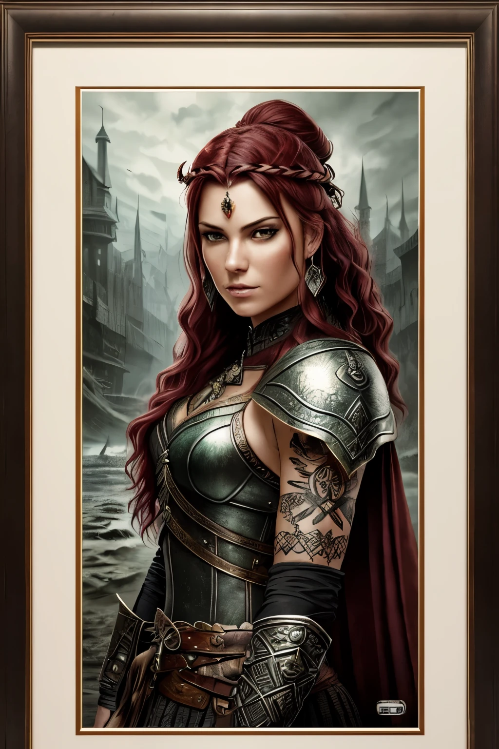 A stunning Viking warrior woman, adorned with intricate tattoos that tell tales of her fierce battles and victories (1.3), clad in steampunk armor enhanced with gleaming emerald accents and a flowing, black cape (1.2). Her perfect face, framed by fiery red locks, exudes raw power and determination (HR, HDR, 4k textures, Ultra-Realistic, Masterpiece, Detailed). Drips of blood from her fresh wounds add an authentically gritty touch to her regal image, capturing the essence of victory and defiance. (Best quality, Dark Shot, Dramatic, Hyper-Detailed,