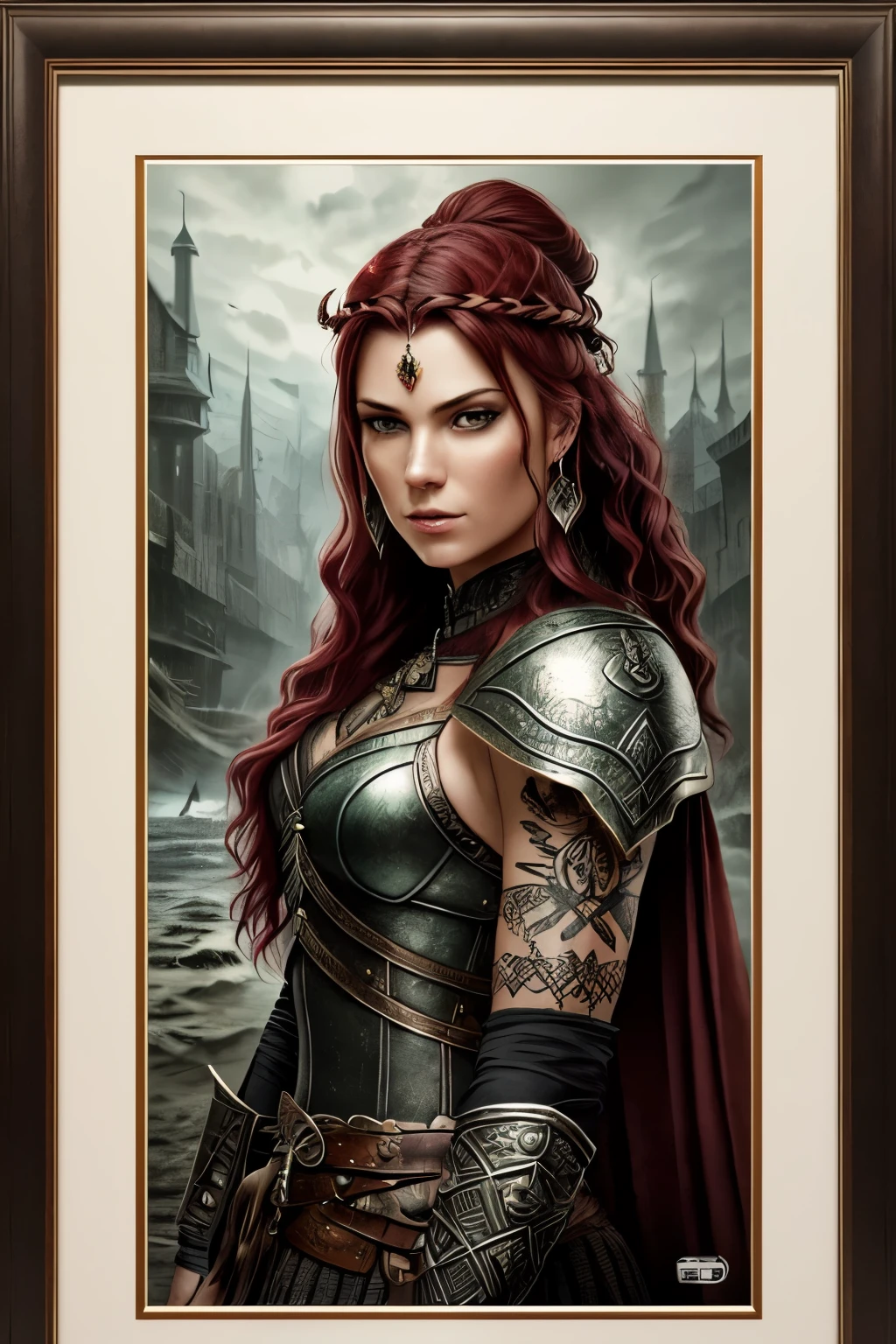 A stunning Viking warrior woman, adorned with intricate tattoos that tell tales of her fierce battles and victories (1.3), clad in steampunk armor enhanced with gleaming emerald accents and a flowing, black cape (1.2). Her perfect face, framed by fiery red locks, exudes raw power and determination (HR, HDR, 4k textures, Ultra-Realistic, Masterpiece, Detailed). Drips of blood from her fresh wounds add an authentically gritty touch to her regal image, capturing the essence of victory and defiance. (Best quality, Dark Shot, Dramatic, Hyper-Detailed,
