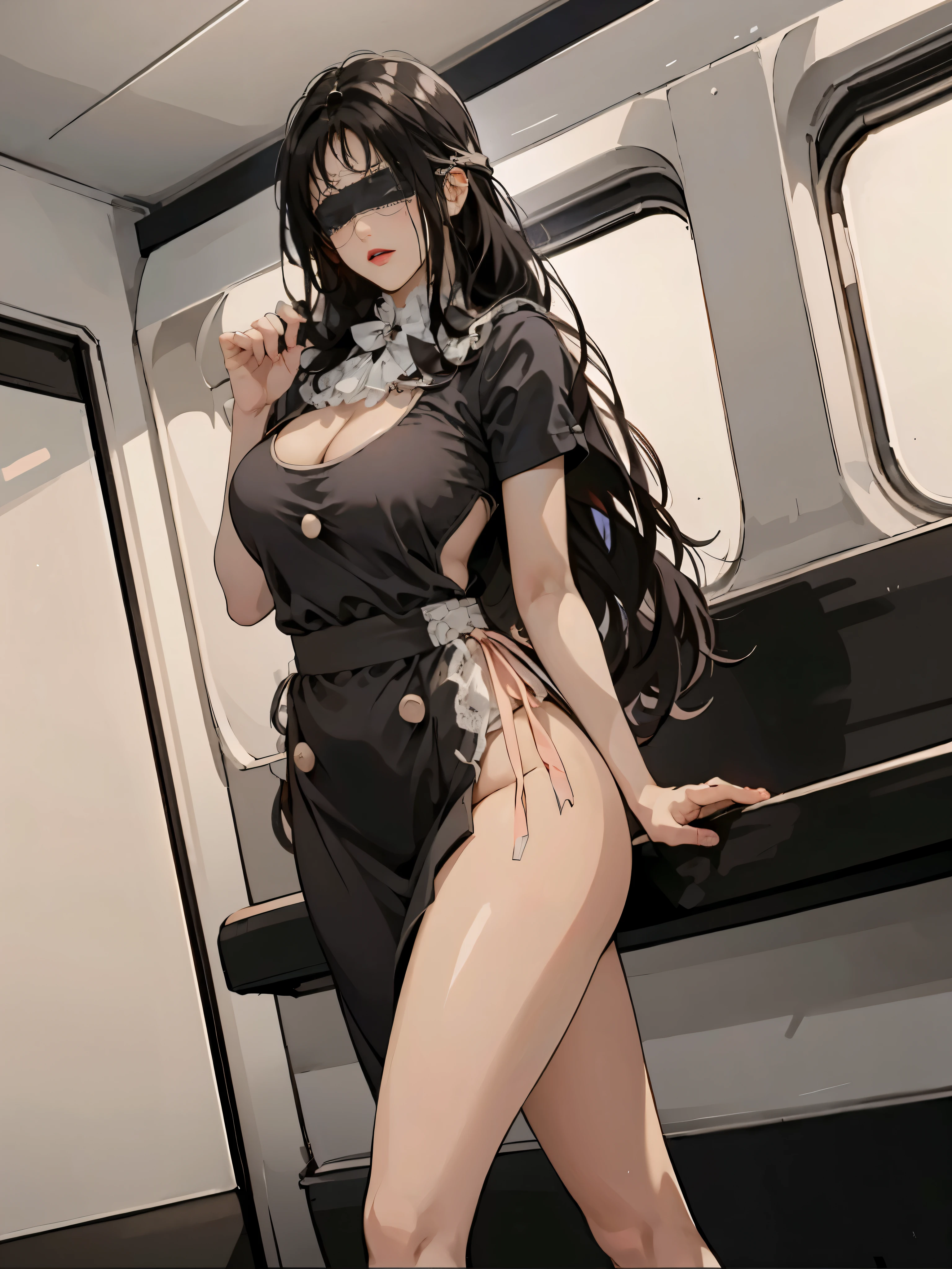 (highly saturated、colorful illustration:1.0)、(long perm hair、Black hair、bright skin:1.0)、(Beautiful slender legs:1.2)、1 girl, 24 Year old, game CG,Woman with long black hair with a blindfold over her, Girl in schoolgirl uniform, black skirt、put your hand on your waist、Morning standing on the train、(huge breasts:0.9),rational movement,((8K,masterpiece,realistic),(hyper detail),ultra clear,nature,Vibrant cleavage all over the body,heavy chest,slender beautiful legs