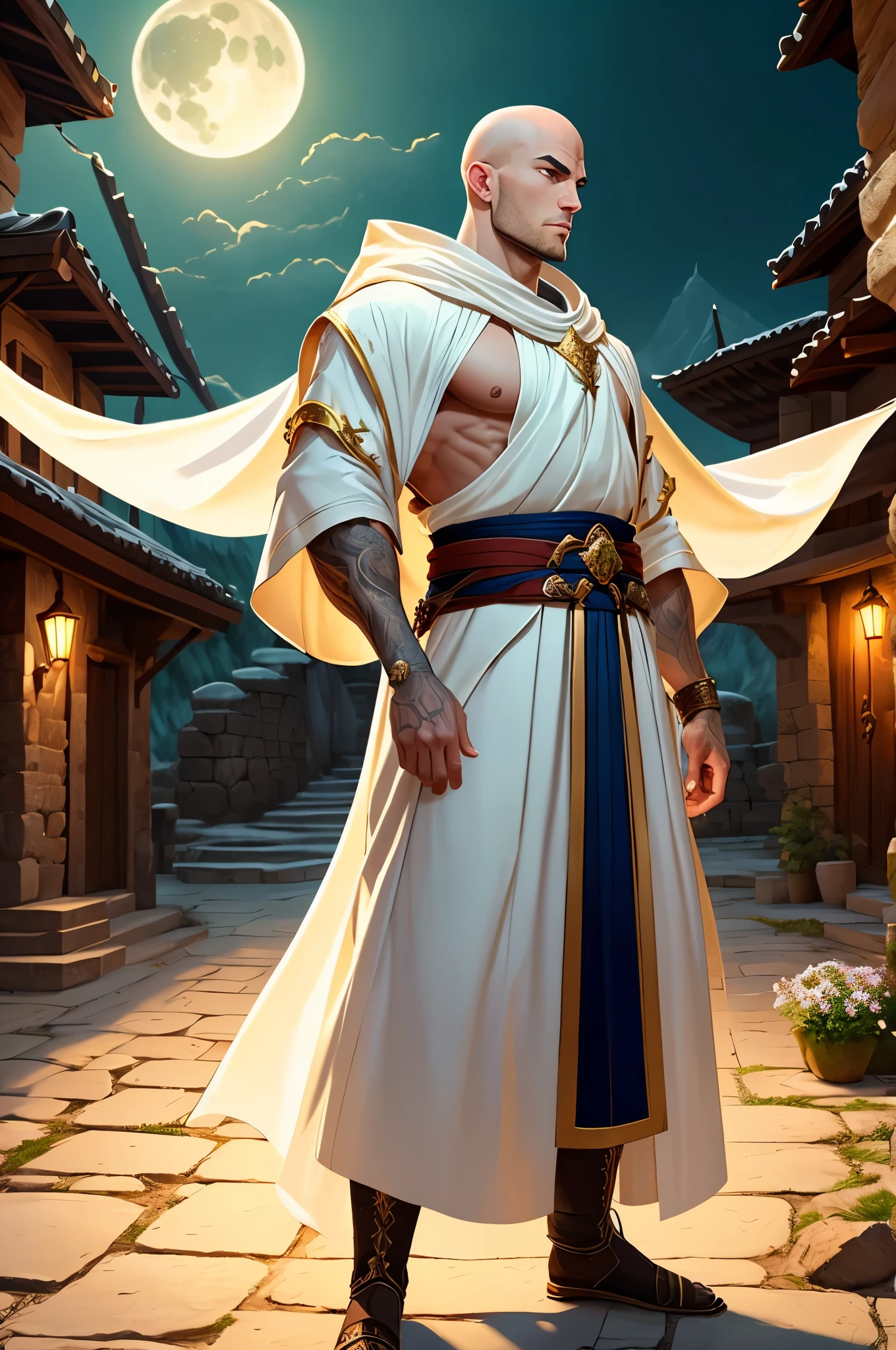 A young monk aged 25, european features, green eyes, bald, muscular build light and athletic, dragon styled holy symbol, white robes with platinum trim. Holy golden energy emenates from his hands, a translucent visage o Bahamut is near him. He is in a martial arts stance. He is in a romanian medieval village on a moonlit night, full body picture, show him from head to toe