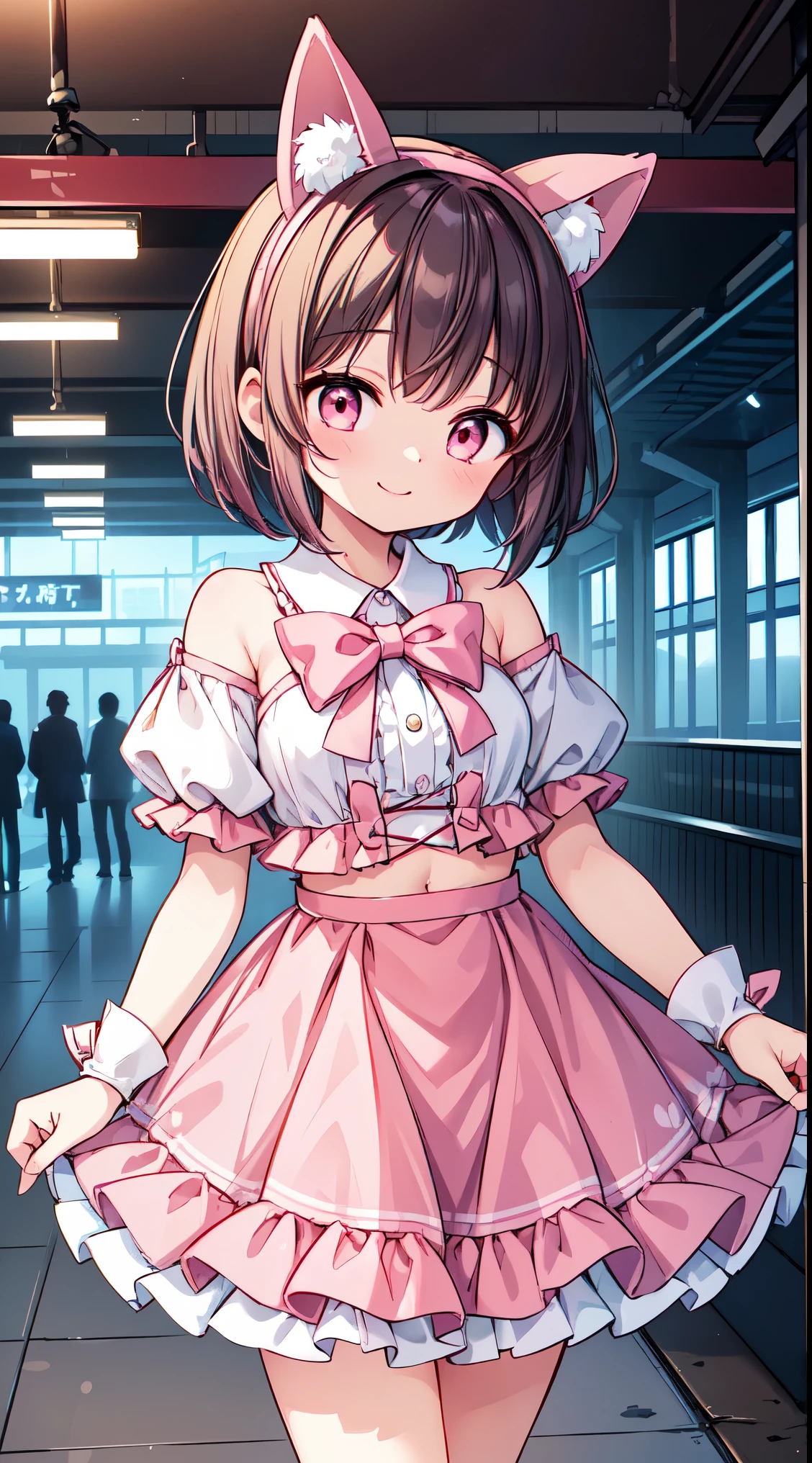(masterpiece, top quality, best quality, official art, beautiful and aesthetic:1.2),ultra-detailed,intricate details,amazing illustration,award-winning art,atmospheric, 
BREAK,  ( girl), 1 beautiful girl,girl with, 1 beautiful girl,Solo,(Cute:1.5),(Chibi:0.8),(kawaii:1.5),(Lori:0.5),(girl, Cute, Cheerful, Loli face, slightly bulging chest),(A dark-haired,Disheveled short bob,tareme,Pink eyes:1.55),(sano,A smile,Bad face:1.2),(White rabbit ear headband:1.2),Shiny skin,Clear skin,Beautiful skin,(best quality face),(Top quality glowing eyes),(The best smile,Doya face:1.45),
BREAK, (pink and white theme:1.5), (fake pink cat ears:1.4), (tweed pink strapless short camisole with lace-up:1.4), ((bare shoulder, navel, bare belly):1.3), (shoulder strap with ruffles:1.4), (tweed micro pink tiered skirt with ruffles:1.4), (white pantyhose:1.2), (pink choker with bell:1.3), (earrings with bell:1.2), (pink heeled pumps:1.1),BREAK


train,station,(a girl), platform, snow, (coat:1.1),Yamanote line, (school uniform:1.2), 
 BREAK,wakame,wakame,wakame,(Cowboy Shot:1.4),

BREAK,(Blurry background:1.3),(absurderes, hight resolution, Super Detail Art),cel shading,Clear Color, Lonely optical effect, Beautiful pictures, Bright glow, mystic atmosphere,(Close-up of girl:1.1), Mystical light particle effect,manga influence, clean line drawings,