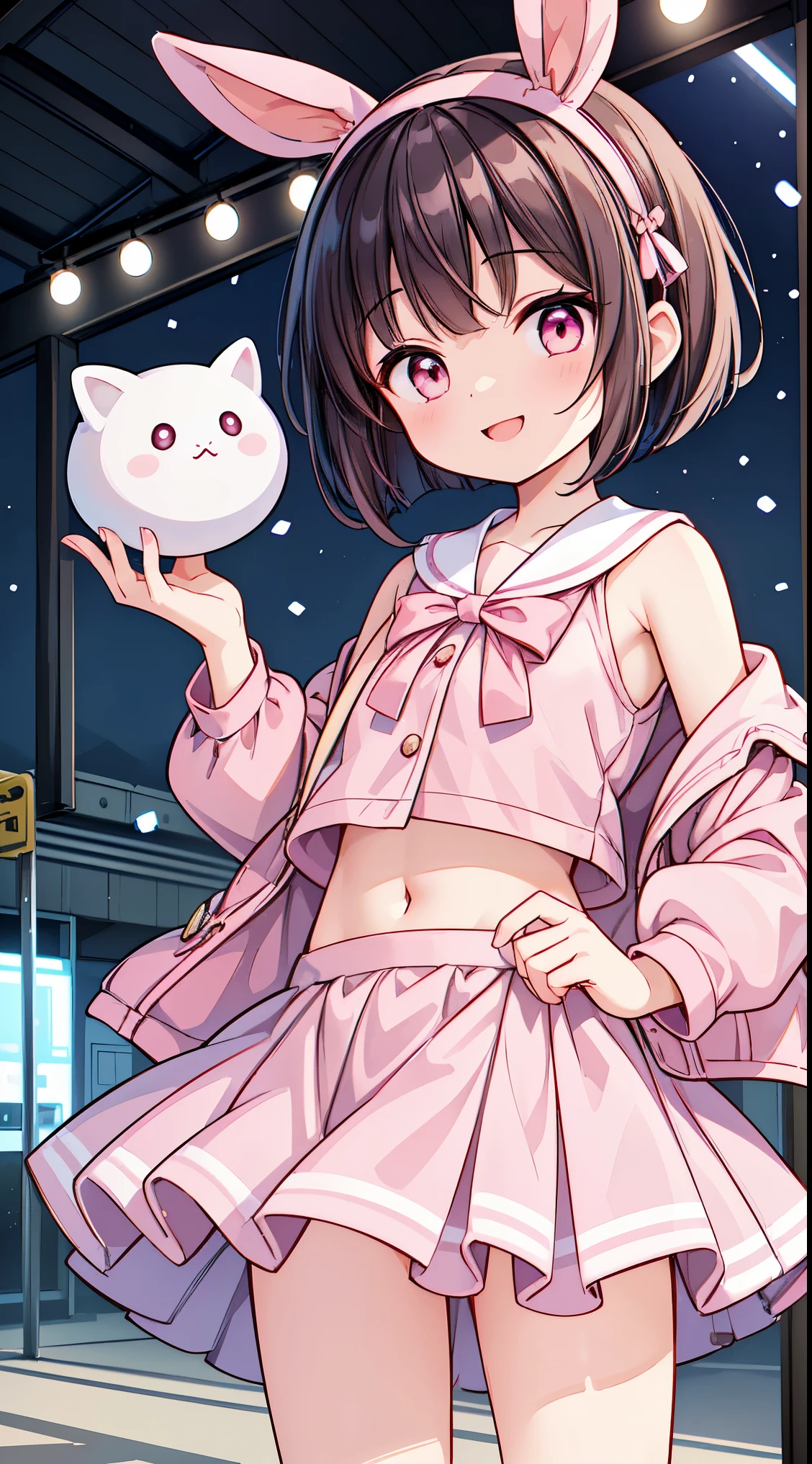 (masterpiece, top quality, best quality, official art, beautiful and aesthetic:1.2),ultra-detailed,intricate details,amazing illustration,award-winning art,atmospheric, 
BREAK,  (17 years old girl), 1 beautiful girl,girl with, 1 beautiful girl,Solo,(Cute:1.5),(Chibi:0.8),(kawaii:1.5),(Lori:0.5),(girl, Cute, Cheerful, Loli face, slightly bulging chest),(A dark-haired,Disheveled short bob,tareme,Pink eyes:1.55),(sano,A smile,Bad face:1.2),(White rabbit ear headband:1.2),Shiny skin,Clear skin,Beautiful skin,(best quality face),(Top quality glowing eyes),(The best smile,Doya face:1.45),
BREAK, (pink and white theme:1.5), (fake pink cat ears:1.4), (tweed pink strapless short camisole with lace-up:1.4), ((bare shoulder, navel, bare belly):1.3), (shoulder strap with ruffles:1.4), (tweed micro pink tiered skirt with ruffles:1.4), (white pantyhose:1.2), (pink choker with bell:1.3), (earrings with bell:1.2), (pink heeled pumps:1.1),BREAK


train,station,(a girl), platform, snow, (coat:1.1),Yamanote line, (school uniform:1.2), 
 BREAK,wakame,wakame,wakame,(Cowboy Shot:1.4),

BREAK,(Blurry background:1.3),(absurderes, hight resolution, Super Detail Art),cel shading,Clear Color, Lonely optical effect, Beautiful pictures, Bright glow, mystic atmosphere,(Close-up of girl:1.1), Mystical light particle effect,manga influence, clean line drawings,