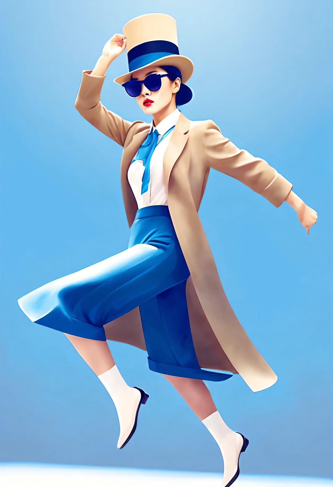 (Modern art dance simple poster design), (Half-length close-up), (Beautiful Chinese girl dancing in the air), (Wear modern fashionable winter fashion: 0.8), (Wearing sunglasses and top hat: 1.2), Camel coat with blue plaid shirt, Show academic elegance, Presenting classic and fashionable European style. Girl fair and flawless smooth skin, high nose bridge, And the posture of looking up is sad and beautiful, slim body, Exquisite facial features,
swirling fog illustration, ink painting, black hair, a ball head, Proud, Surrealism, contemporary art photography, action painting illustration, abstract expressionism, Pixar, depth of field, motion blur, backlight, Fall out, decline, Elevation viewing angle, Sony FE General Manager, ultra high definition, masterpiece, Accuracy, textured skin, Super details, high detail, high quality, Award-winning, best quality, Level, 16k, Shot from a bottom-up perspective,