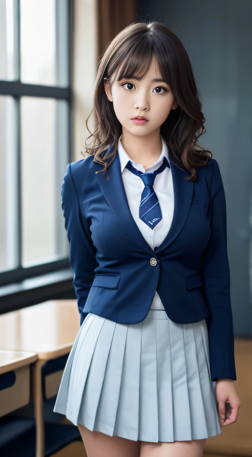 8K, highest quality, real image, intricate details, Super detailed, ultra high resolution, depth field,(realistic,realistic:1.2),table top , frontal shot , From the middle , 1 girl, eye_Chan, very beautiful girl, innocent big eyes,、beautiful breasts:1.5、非常に詳細なeye:1.2)、(beautiful breasts:1.1)、wavy hair、curly hair、bangs、, perfect skin, Fair skin, huge breasts, put your hand on your chest、cleavage, tight waist, light blush, alone, look at the viewer, angry look, grumpy face、((School_uniform),(dark blue blazer), (white shirt、Wearing a tie), (gray pleated skirt), (sculpture installation :1.1)