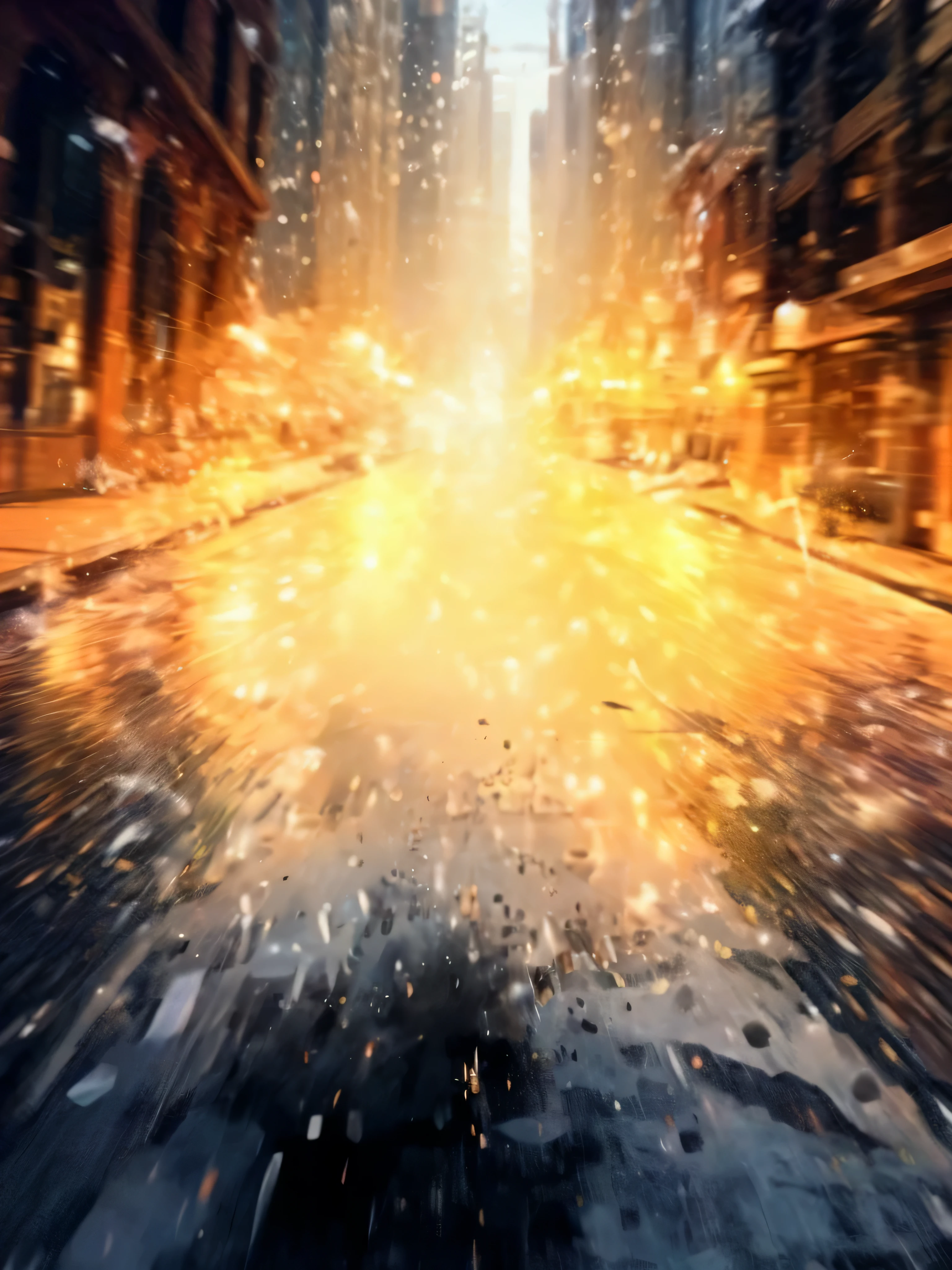 Close-up of city street with many buildings, burning city background, city on fire background, epic concept art. Bokeh, 背景explode, explode背景, city street movie lighting, explode背景, epic. octane rendering, Akira'explode, Cyberpunk city street background, 粒子explode, background in, 现实explode