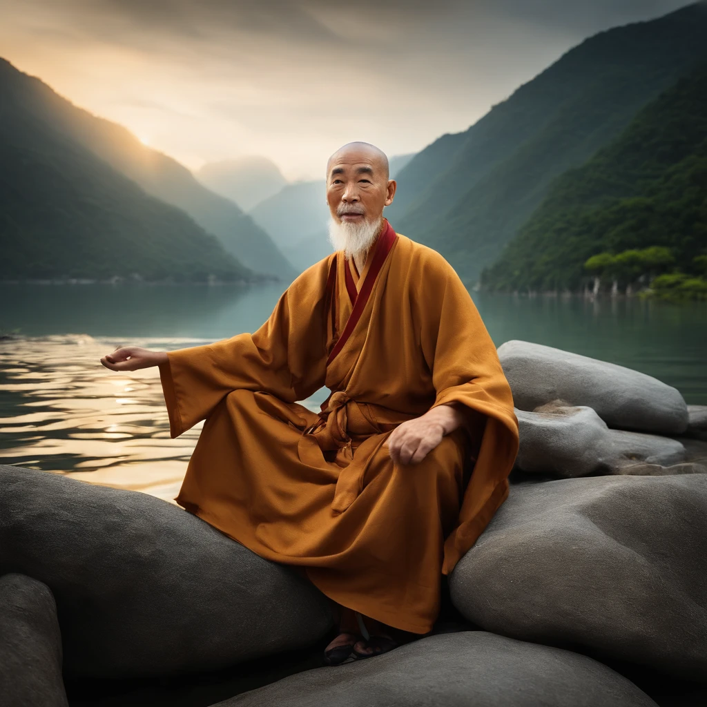 Imagine the old Zen master, a senior monk, Gray robe, big eyes, Smile and meditate, face camera, full-body shot, protrait photo, The background is flowing mountain water, Chinese style, detail, light, High quality --ar 3:4[photo], 。...3D, Surrealism, 影院light, ultra high definition, 超级detail, textured skin, ultra high definition, curral, textured skin, 高detail
