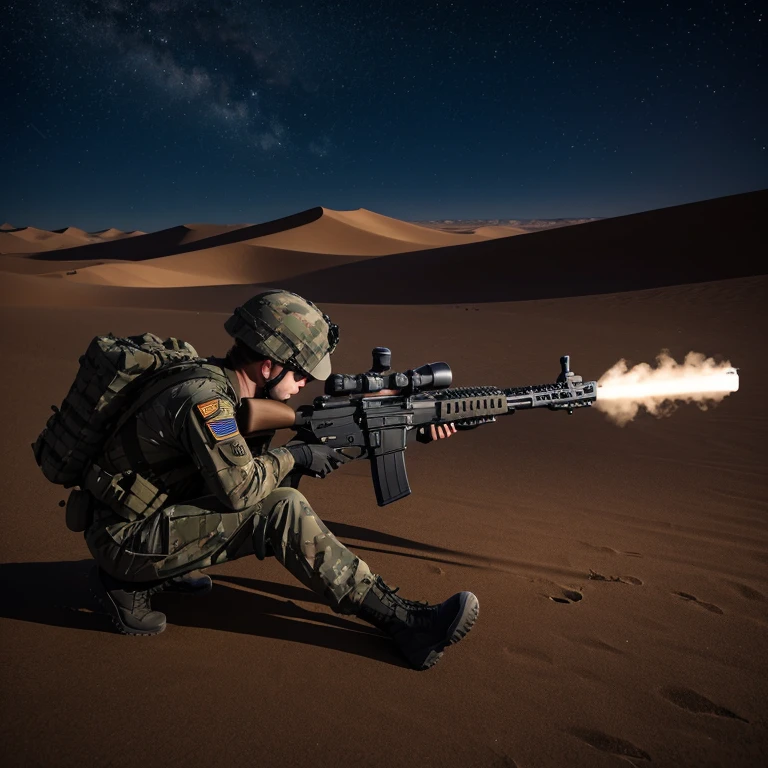 soldier.Assault rifle.shooting.night.desert.night空.high quality.4K.8K,High resolution, surreal.