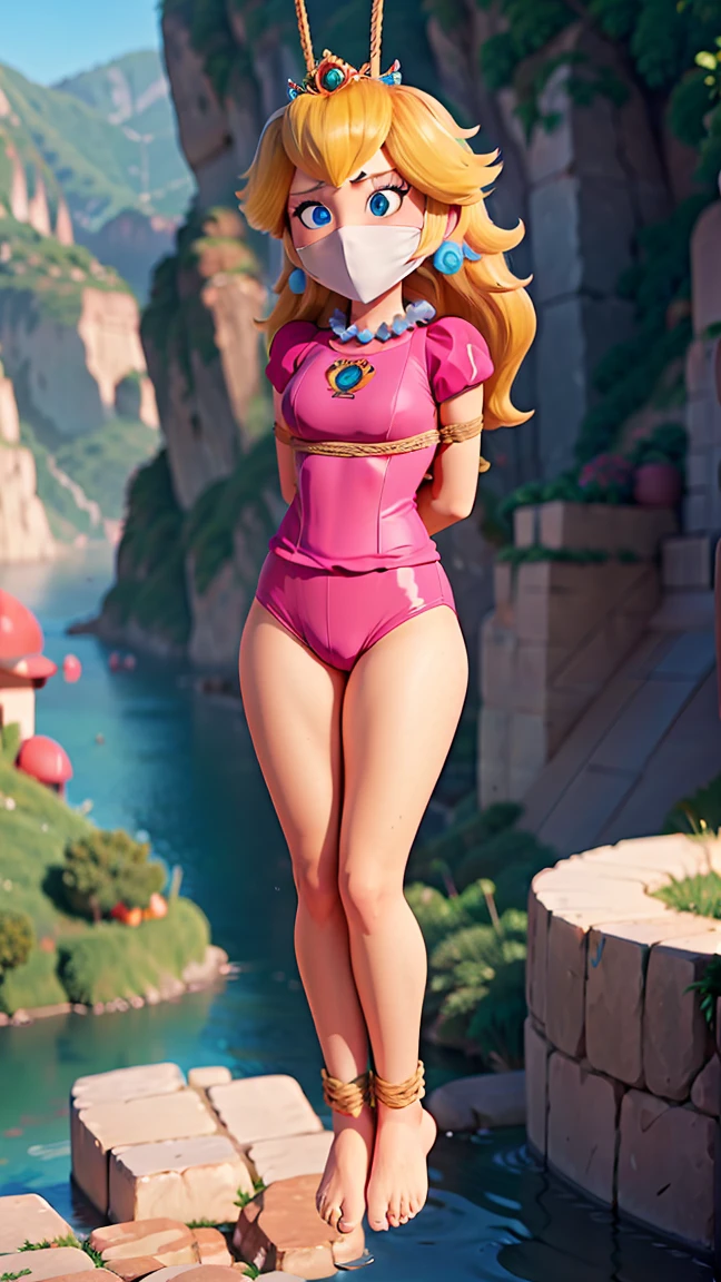 Princess Peach, (wearing a beatifull bikini), huge breasts, upper body, masterpiece,8k, best quality, good hands,good eyes, pixarstyle, 1girl, solo, style,parody,3d,long hair, detail hair, blonde hair, maximum detail, intricate detail, extremely clear, beach, nsfw, smile, shy, blush, embaressed, ((long hair)), (tall girl), (solo, 1 girl), ((shibari, arms behind back : 1.4)) , ( full face otn gag mask), (full body view),((toes to head view)), ,((full body model)), ((complete body view photo)), ((standing)), Scared, (Skinny), view the viewer, ((shibari, bound arms, arms back behind:1.4)), tied in a wood pole, (underwater reef), ((tight full face latex mask)), (otn gag), gagged, ((rope around the neck)), ((noose on the neck)), ((suspension bondage)), ((((suspension neck)))), ((gallow suspension))