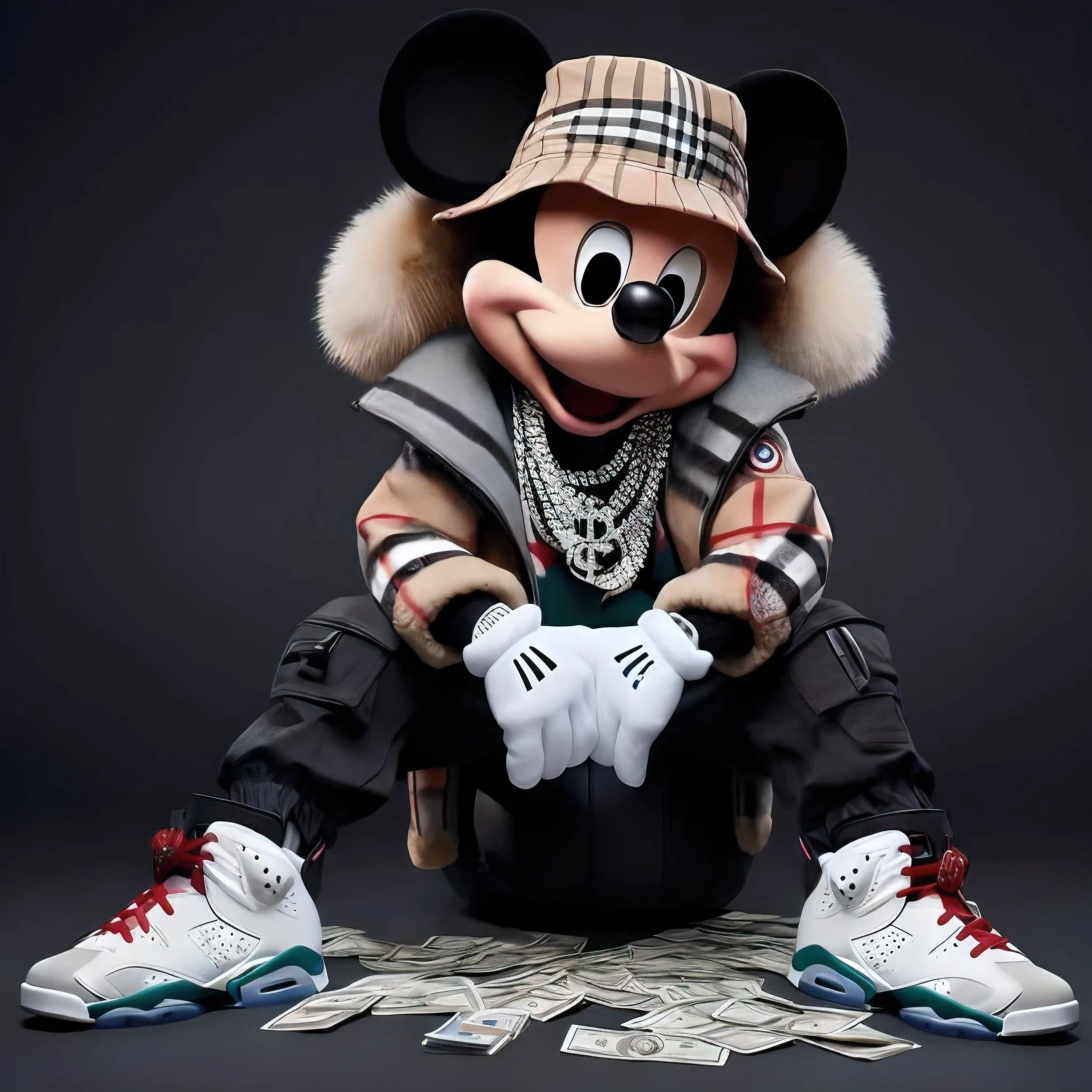 Mickey Mouse assis sur un tas d'argent avec un chapeau dessus, Mickey Mouse, Rendu Disney, Portrait de Mickey Mouse, ( ( ( Mickey Mouse ) ) ), Personnage de Disney, Personnage emblématique très détaillé, Conseil gangster anthropomorphe, fourrure stylisée Disney, souris anthropomorphe, Tête de Mickey Mouse contrefaite, hypebeast, par Disney, Rendu hyper réel, Rendu promotionnel, Dessin crayon