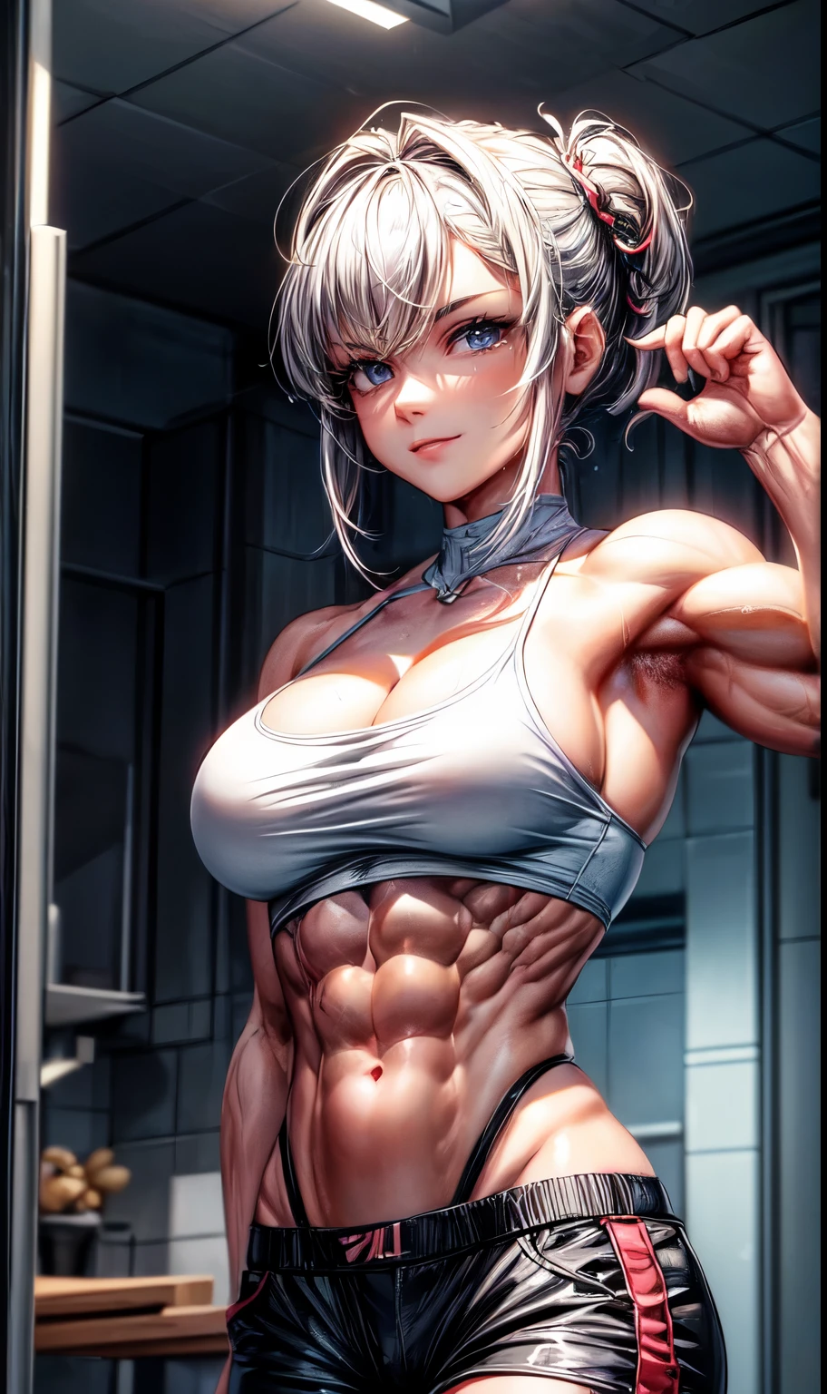 (best lighting) , (Extremely complex and detailed) , 4K unified, (Super detailed CG: 1.2) , (8k: 1.2),(original), (masterpiece) , (best quality),(masterpiece:1.4),Anime-like high quality,(masterpiece),masterpiece, Super clear picture quality,Bili's face is clearer)best quality, Ridiculous Easter Peace, 4K, 8k, Yes, high resolution))1个girl, female student,Smile,girl脸上灿烂的笑容,Eight pack abs in shorts,clear abdominal muscles,Abdominal veins are carved into the abdominal muscles,Strong abdominal muscles Exaggerated abdominal muscles,Thick and firm abdominal muscles,Absolutely unparalleled abs,Abdominal muscles are very toned,Deep groove between abs bodybuilder:1.5)),Inside the house,(beautiful bass),(girl),(miss),(((Upper body:1)))There are deep grooves between abdominal muscles,Thickness performance,indestructible muscles,Abdominal muscles have strong contrast between light and dark,