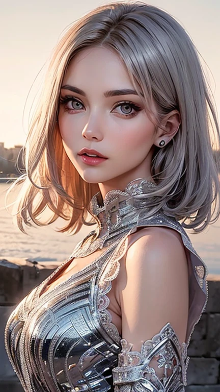 realistic, hyper detail, girls only, Layered Bob, dynamic lighting, ((Bold imaginative poses)), (Glossy skin: 1.5), masterpiece, highest quality, disorganized, Audience, (blonde and pink hair), Deep Purple Clear Eyes,((beautiful, fine eyes, eyes like jewels, colorful eyes, sparkling eyes:1.3)), thin, High resolution, sharp focus, Depth of bounds written, eye for detail, clear eyes, (realistic Eyes)), outdoor, Sunrise sky, (Attractive delicate design river trimmed lace dress, (Dressed in silver armor with intricate patterns): 1.3))