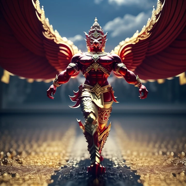 (Garuda 1) Red eyes, muscular body. Best anatomy: Red-skinned Garuda. Red-haired Garuda. Large, outstretched, red-winged Garuda. perfect wingspan Wear jewelry made from gold with Thai patterns. Gold jewelry decorated with diamonds on Garuda's head Wearing Thai cloth pants, Thai silk, red Thai pattern. Hands on hands and legs look like perfect birds. Hands, legs, feet are perfect. Stand on the ground, look straight, stand fully. The skin is the most detailed. The skin is red. The fur is the most detailed red. Red eyes, best detail The best anatomical details, details, cloth, accessories, Thai warrior armor. Best Metal Details Best Weapons Best Weapon Details (Special details Masterpiece quality Realistic Photos(Ultimate Realistic Photos 8k,16k,32k) Maximum realism and best lighting details. Best light quality, best shadows World class photography studio (Best close-up view)(The backdrop of the Thai temple castle is extinguished with gold, silver, emeralds, diamonds, perfect. The background is the sky, clouds, and fog. It feels natural and realistic.)