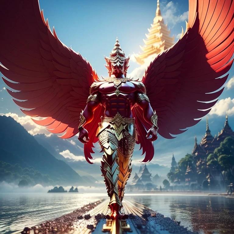 (Garuda 1) Red eyes, muscular body. Best anatomy: Red-skinned Garuda. Red-haired Garuda. Large, outstretched, red-winged Garuda. perfect wingspan Wear jewelry made from gold with Thai patterns. Gold jewelry decorated with diamonds on Garuda's head Wearing Thai cloth pants, Thai silk, red Thai pattern. Hands on hands and legs look like perfect birds. Hands, legs, feet are perfect. Stand on the ground, look straight, stand fully. The skin is the most detailed. The skin is red. The fur is the most detailed red. Red eyes, best detail The best anatomical details, details, cloth, accessories, Thai warrior armor. Best Metal Details Best Weapons Best Weapon Details (Special details Masterpiece quality Realistic Photos(Ultimate Realistic Photos 8k,16k,32k) Maximum realism and best lighting details. Best light quality, best shadows World class photography studio (Best close-up view)(The backdrop of the Thai temple castle is extinguished with gold, silver, emeralds, diamonds, perfect. The background is the sky, clouds, and fog. It feels natural and realistic.)