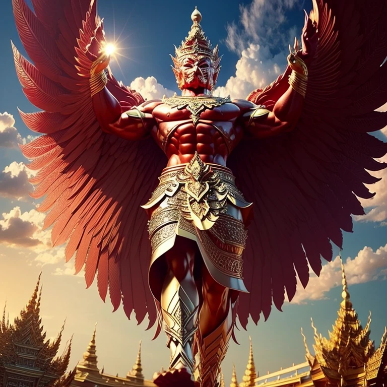 (Garuda 1) Red eyes, muscular body. Best anatomy: Red-skinned Garuda. Red-haired Garuda. Large, outstretched, red-winged Garuda. perfect wingspan Wear jewelry made from gold with Thai patterns. Gold jewelry decorated with diamonds on Garuda's head Wearing Thai cloth pants, Thai silk, red Thai pattern. Hands on hands and legs look like perfect birds. Hands, legs, feet are perfect. Stand on the ground, look straight, stand fully. The skin is the most detailed. The skin is red. The fur is the most detailed red. Red eyes, best detail The best anatomical details, details, cloth, accessories, Thai warrior armor. Best Metal Details Best Weapons Best Weapon Details (Special details Masterpiece quality Realistic Photos(Ultimate Realistic Photos 8k,16k,32k) Maximum realism and best lighting details. Best light quality, best shadows World class photography studio (Best close-up view)(The backdrop of the Thai temple castle is extinguished with gold, silver, emeralds, diamonds, perfect. The background is the sky, clouds, and fog. It feels natural and realistic.)