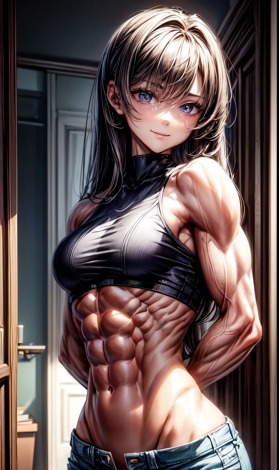(best lighting) , (Extremely complex and detailed) , 4K unified, (Super detailed CG: 1.2) , (8k: 1.2),(original), (masterpiece) , (best quality),(masterpiece:1.4),Anime-like high quality,(masterpiece),masterpiece, Super clear picture quality,Bili's face is clearer)best quality, Ridiculous Easter Peace, 4K, 8k, Yes, high resolution))1个girl, female student,Smile,girl脸上灿烂的笑容,Ten pack abs in shorts,clear abdominal muscles,Abdominal veins are carved into the abdominal muscles,Strong abdominal muscles Exaggerated abdominal muscles,Thick and firm abdominal muscles,Absolutely unparalleled abs,Abdominal muscles are very toned,Deep groove between abs bodybuilder:1.5)),Inside the house,(beautiful bass),(girl),(miss),(((Upper body:1)))There are deep grooves between abdominal muscles,Thickness performance,indestructible muscles,Abdominal muscles have strong contrast between light and dark,Abdominal bulge,You can see the drawing state of the muscles,Perfect muscle effects have been achieved,Very thick abdominal muscles,There are ravines between the abdominal muscles,cover each other,
