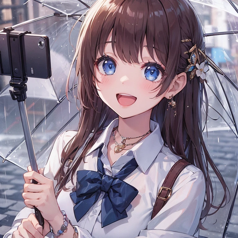 a young girl holding an umbrella and selfie stick in a city rain, umbrella, jewelry, blue eyes, brown hair, long hair, holding, shirt, smile, open mouth, 1girl, holding umbrella, looking at viewer, short sleeves, phone, hair ornament, white shirt, breasts, bag, collared shirt, outdoors, :d, bangs, bowtie, rain, cellphone, school uniform