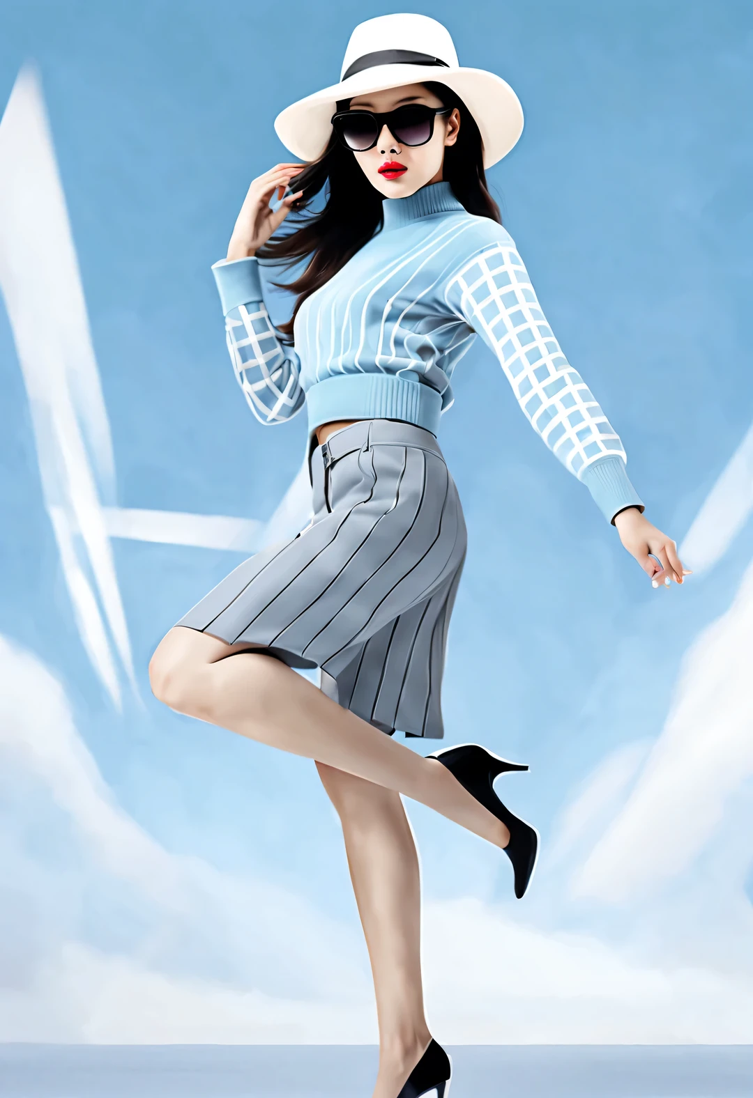 (Modern art dance simple poster design), (Half-length close-up), (Beautiful Chinese girl dancing in the air), (Wearing sunglasses and a hat: 1.2), Characterized by exquisite details and layering, The pastel tones of a light blue coat and off-white floral sweater blend together, And the sharp contrast of black and white plaid pants, Create an elegant and modern urban style. (Briefcase flight: 0.85), Wear modern and stylish winter fashion, Girl fair and flawless smooth skin, high nose bridge, Head up posture, sad yet beautiful, slender figure, Exquisite facial features,
swirling fog illustration, ink painting, black hair, Princess curly long hair, Proud, Surrealism, contemporary art photography, action painting illustration, abstract expressionism, Pixar, depth of field, motion blur, backlight, Fall out, decline, Elevation viewing angle, Sony FE General Manager, ultra high definition, masterpiece, Accuracy, textured skin, Super details, high detail, high quality, Award-winning, best quality, Level, 16k, Shot from a bottom-up perspective,