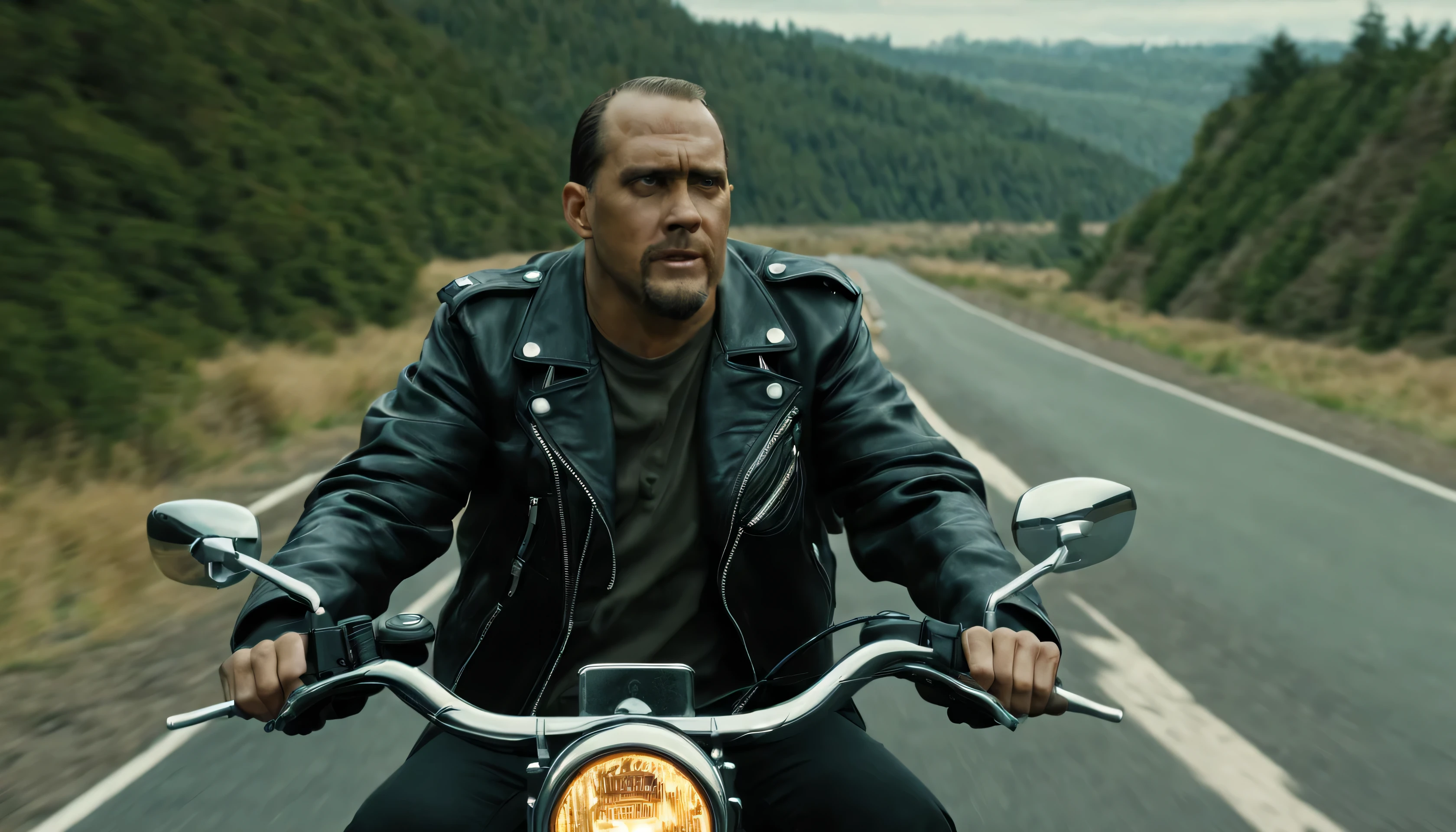 (hyper realistic, photorealistic, 4k, UHD, intricate details, long shot) A 1950's scene of Anton wearing his Harley Davidson Jacket, riding on a Harley Davidson motorcycle down the highway, cinematic, keyword Anton
