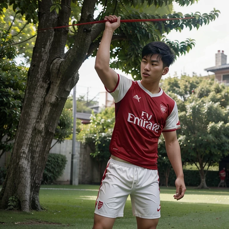 Young Asian man wearing a red Arsenal football team uniform, thin white shorts, translucent through. Hand swinging from a tree, body hanging from a shackle, full body image, clear and realistic.