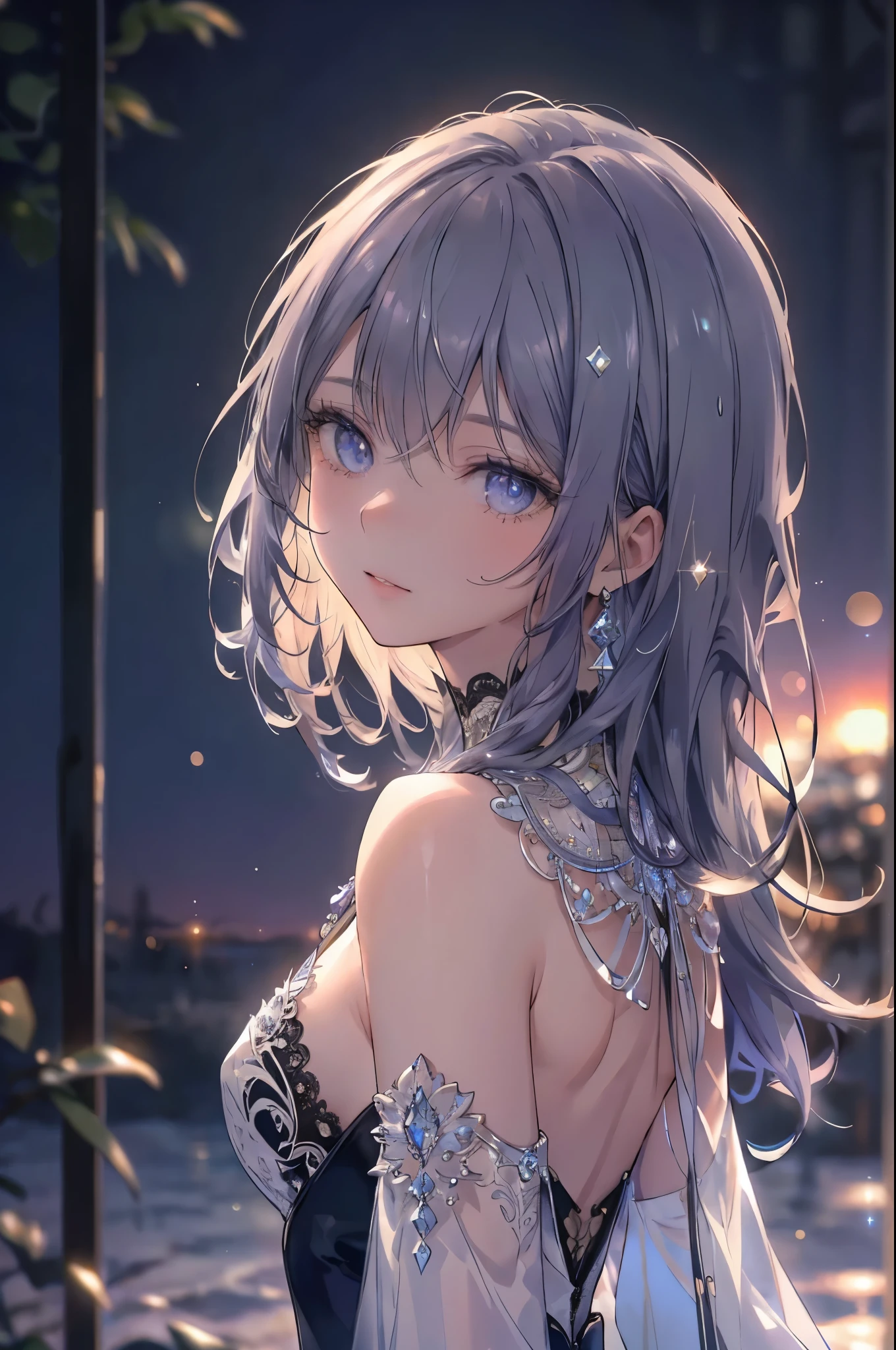 High definition RAW color art, Animation,sculptures, Silver Marble Skin, (((Ultra detailed elegant))), Magical atmosphere, (Detailed skin, Texture (Intricately detailed, Fine detail, ultra-detailliert), depth of fields, Bokeh, Silky Touch, Hyper Detail, Matte Drawing, sparkle background, down-light, purple neon, beautiful eyes, elegant face, looking back, breast, sunset