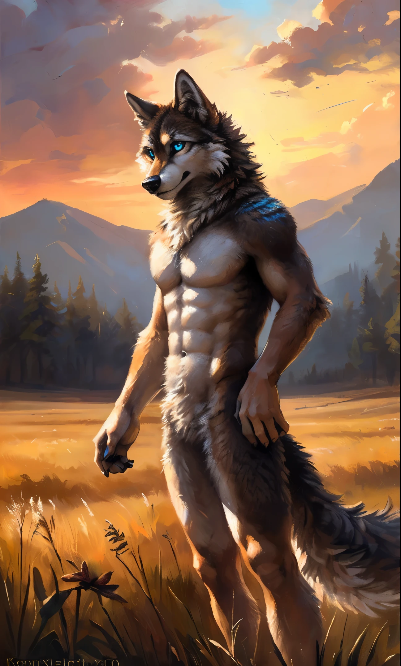 ((Solo)), male people, anthro wolf, (Multi-colored fur, White-brown:1.3,White tail pointed), (Height 2.1m,Tail length 1.5m), ((Wolf face, Big eyes, White eyelids, Blue pupil, Slim:1.2) (Tough, Calm expression:1.2)), Abs, Slim, pinging)), (Correct anatomy), Naked all over the body,A long big tail,Feet,(Realistic fur, Detailed fur texture, labeled:1.3)), (Natural lighting), Photorealistic, Hyperrealistic, ultradetailed, by Kenket,Field,No artifacts