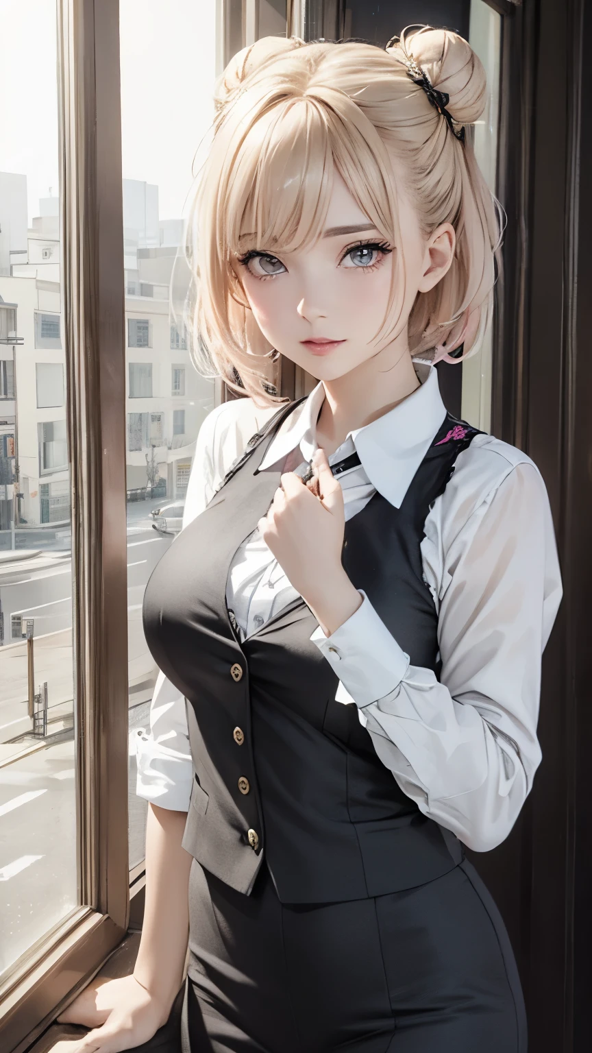 1 girl, mature woman, vest, bow, photograph, realistic, highest quality, hire, detailed face, office, building from the window, detailed background, diffused sunlight, Depth of bounds written, Bokeh,(bun hair,dull bangs:1.3)