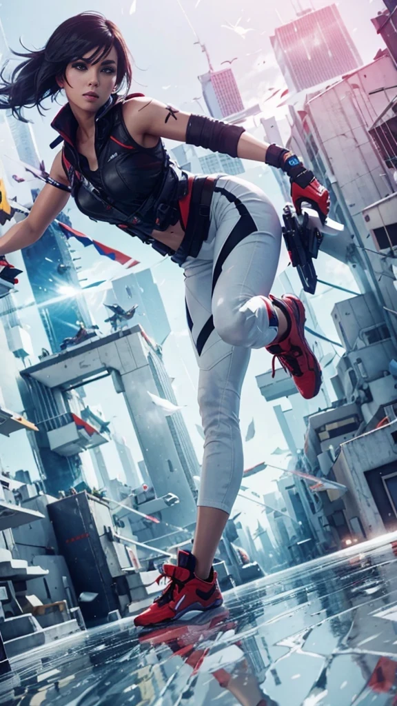 Faith from Mirror's edge video game running on a top of a white building, (outfit : faith), (video game : mirror's edge), white red city background, full body, masterpiece, high details, epic realism, 8k resolution, natural lighting, natural skin, natural anatomy