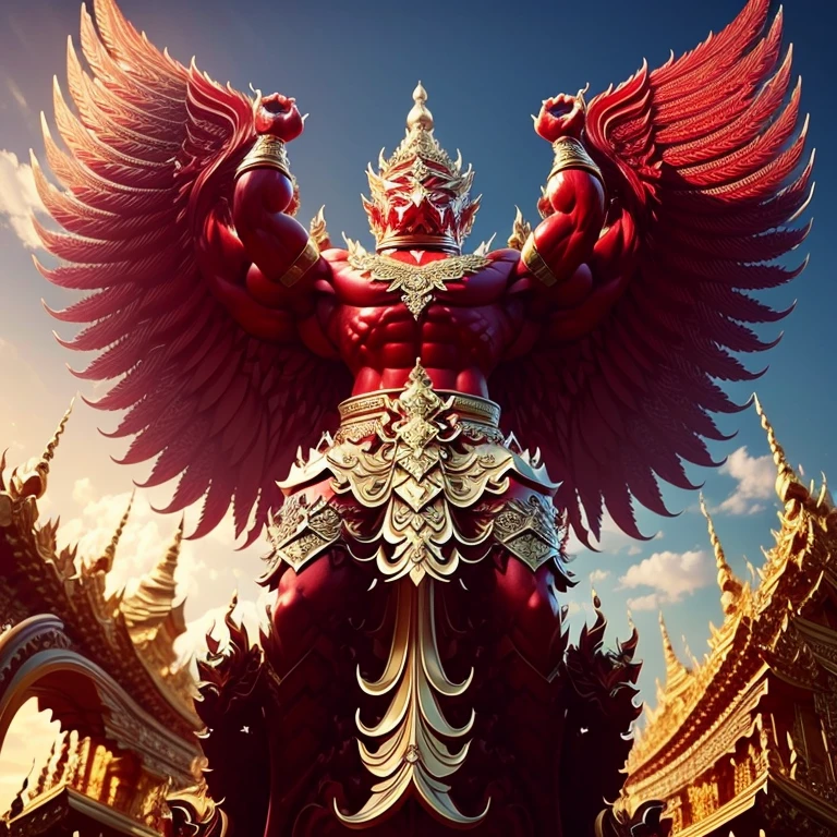 (Garuda 1) Red eyes, muscular body. Best anatomy: Red-skinned Garuda. Red-haired Garuda. Large, outstretched, red-winged Garuda. perfect wingspan Wear jewelry made from gold with Thai patterns. Gold jewelry decorated with diamonds on Garuda's head Wearing Thai cloth pants, Thai silk, red Thai pattern. Hands on hands and legs look like perfect birds. Hands, legs, feet are perfect. Stand on the ground, look straight, stand fully. The skin is the most detailed. The skin is red. The fur is the most detailed red. Red eyes, best detail The best anatomical details, details, cloth, accessories, Thai warrior armor. Best Metal Details Best Weapons Best Weapon Details (Special details Masterpiece quality Realistic Photos(Ultimate Realistic Photos 8k,16k,32k) Maximum realism and best lighting details. Best light quality, best shadows World class photography studio (Best close-up view)(The backdrop of the Thai temple castle is extinguished with gold, silver, emeralds, diamonds, perfect. The background is the sky, clouds, and fog. It feels natural and realistic.)