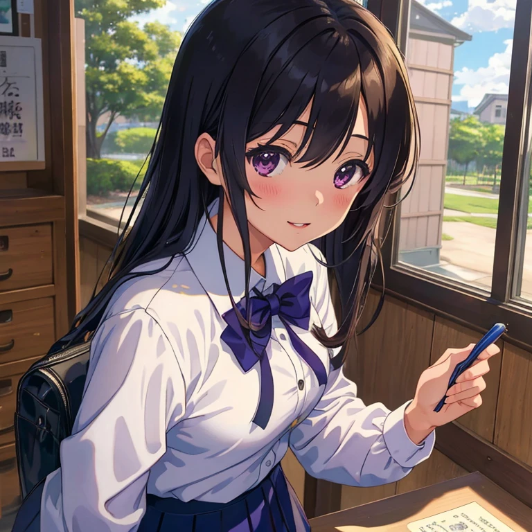 Best quality, masterpiece, illustration, Outside, 1 girl, One, Hiiragi Tsukasa, Ryoo's school uniform
