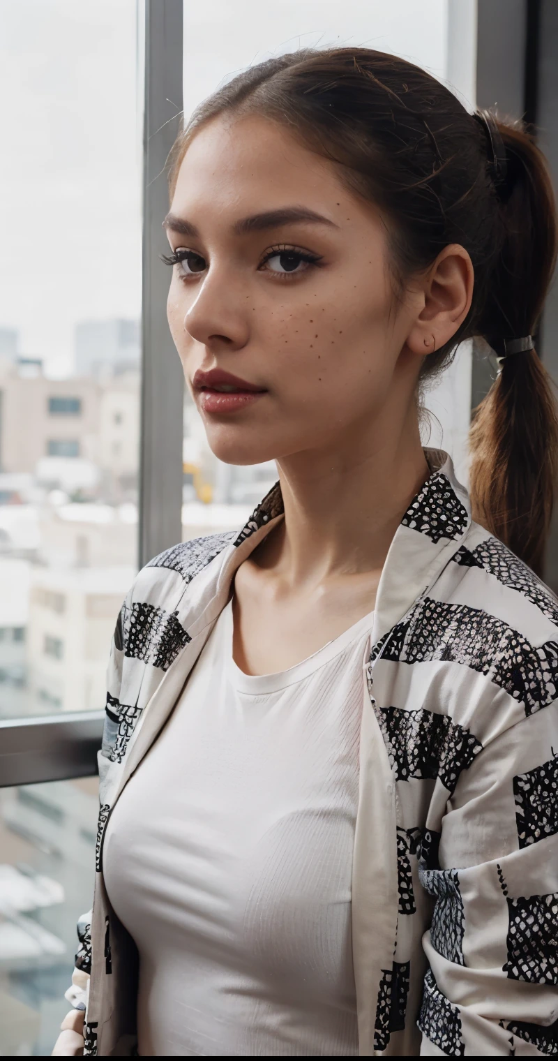 Beautiful skinny girl, elongated face and thin chin, freckles, brown ponytail hair, brown eyes, red lipstick, beautiful makeup, white skin, with patterned t-shirt , black pants, a black jean coat , sexy style