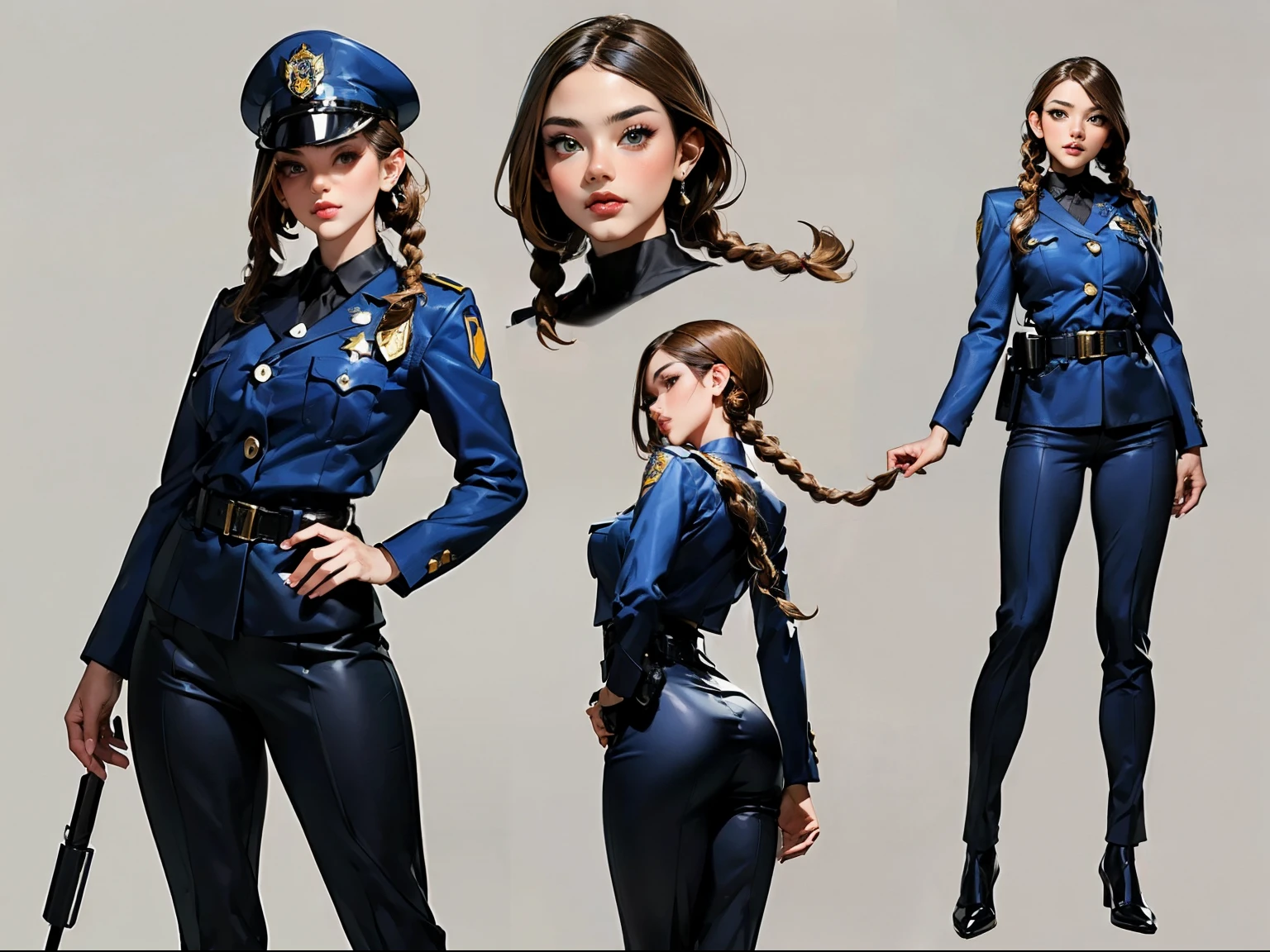 ((masterpiece)),(((best quality))),((character design sheet)), illustration,1woman, environment Scene change, (long braided hair:1.4),((futuristic police officer:1.5)), muscular, black legs, thick legs, (pale skin:1.3)scribbles and marks, light blue shirt, ((detailed face:1.1)), rough sketches, (puffy lips:1.5), pose too, ((brunette hair:1.2)), (police officer outfit:1.3) , 8k,16k, (simple background, light background: 1.3)