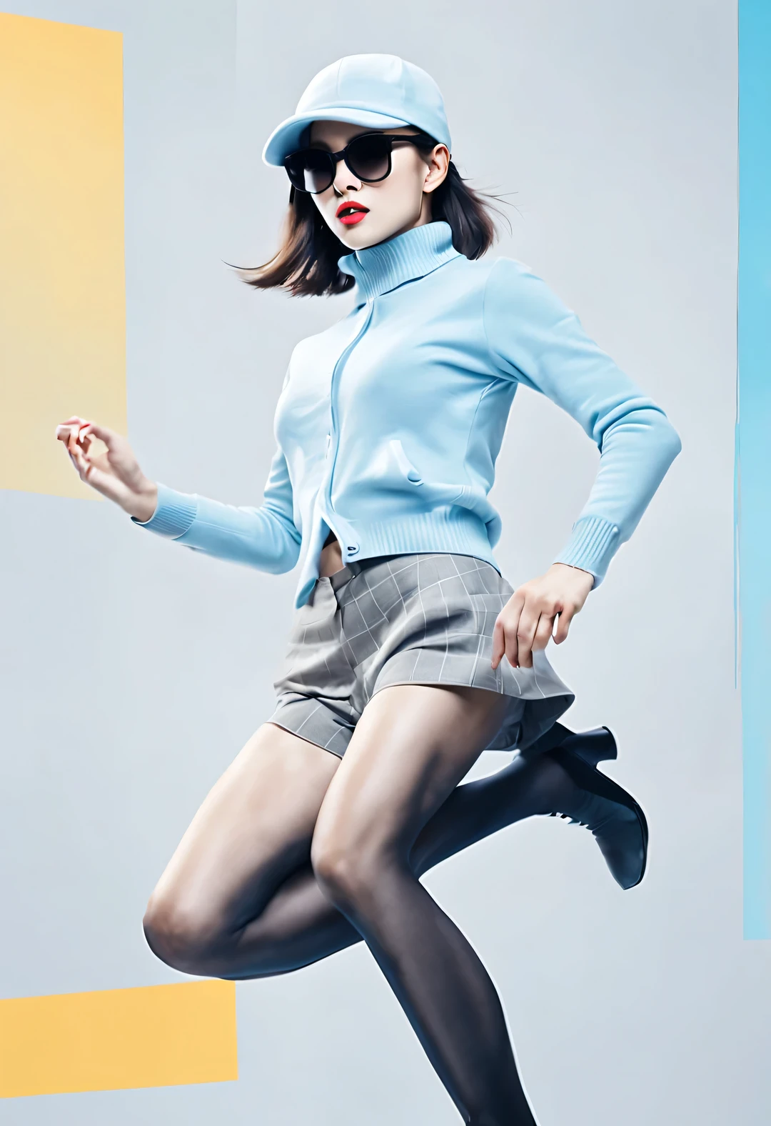 (Modern art dance simple poster design), (Half-length close-up), (Beautiful Chinese girl dancing in the air), (Wearing sunglasses and a hat: 1.2), Characterized by exquisite details and layering, The pastel tones of a light blue coat and off-white floral sweater blend together, And the sharp contrast of black and white plaid pants, Create an elegant and modern urban style. (Briefcase flight: 0.85), Wear modern and stylish winter fashion, slim waist, high nose bridge, Head up posture, sad yet beautiful, slender figure, Exquisite facial features, correct finger,
swirling fog illustration, ink painting, black hair, Princess curly long hair, Proud, Surrealism, contemporary art photography, action painting illustration, abstract expressionism, Pixar, depth of field, motion blur, backlight, Fall out, decline, Elevation viewing angle, Sony FE General Manager, ultra high definition, masterpiece, Accuracy, textured skin, Super details, high detail, high quality, Award-winning, best quality, Level, 16k, Shot from a bottom-up perspective,