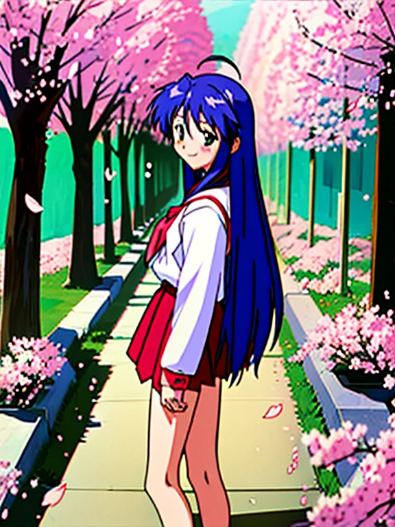 1 girl, One, (Konata Izumi), long hair, Seraphuku, Ahoge, school uniform, long sleeves, skirt, standing, smile, (Street), Cherry blossoms, (Anime style "Evangelion"), Best quality, ultra detailed, masterpiece, cinematic lighting, Cute, face detail, Hands behind your back