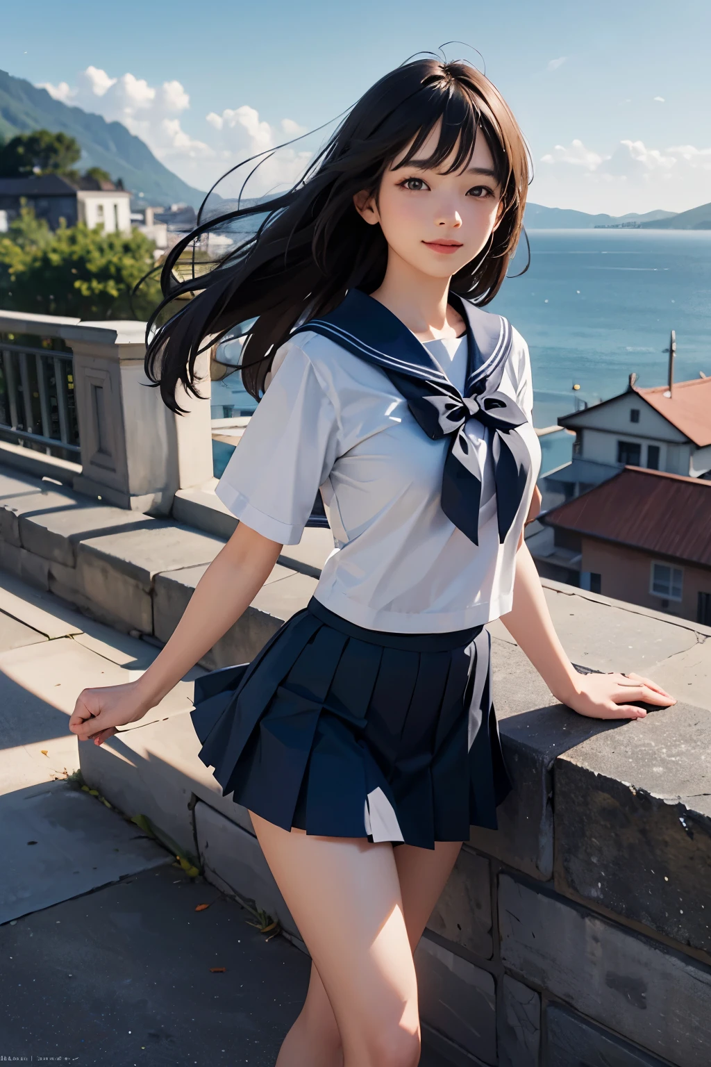 very cute and beautiful school girl viewing sea on hilltop,(highly detailed beautiful face and eyes:1.2),
(smile:1.2),cowboy shot,(sailor school uniform,pleated navy blue mini skirt),black hair,zettai ryouiki,
(looking at sea,from top of hill),many houses with red roof,detailed landscape,
(best quality,masterpiece:1.2),intricate details,extremely detailed,highres,solo,
dynamic angle,natural lighting,hair fluttering in the wind,beautiful detailed sky,