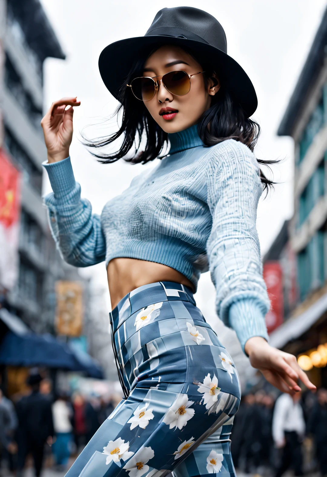 (Modern art dance simple poster design), (Half-length close-up), (Beautiful Chinese girl dancing in the air), (Wearing sunglasses and a hat: 1.2), Characterized by exquisite details and layering, The pastel tones of a light blue coat and off-white floral sweater blend together, And the sharp contrast of black and white plaid pants, Create an elegant and modern urban style. (Briefcase flight: 0.85), Wear modern and stylish winter fashion, slim waist, high nose bridge, Head up posture, sad yet beautiful, slender figure, Exquisite facial features, correct finger,
swirling fog illustration, ink painting, black hair, Princess curly long hair, Proud, Surrealism, contemporary art photography, action painting illustration, abstract expressionism, Pixar, depth of field, motion blur, backlight, Fall out, decline, Elevation viewing angle, Sony FE General Manager, ultra high definition, masterpiece, Accuracy, textured skin, Super details, high detail, high quality, Award-winning, best quality, Level, 16k, Shot from a bottom-up perspective,